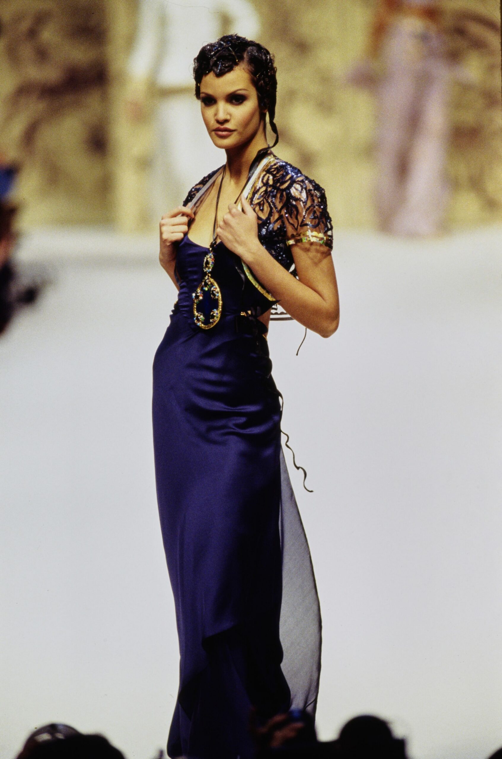 blue silk sleeveless gown