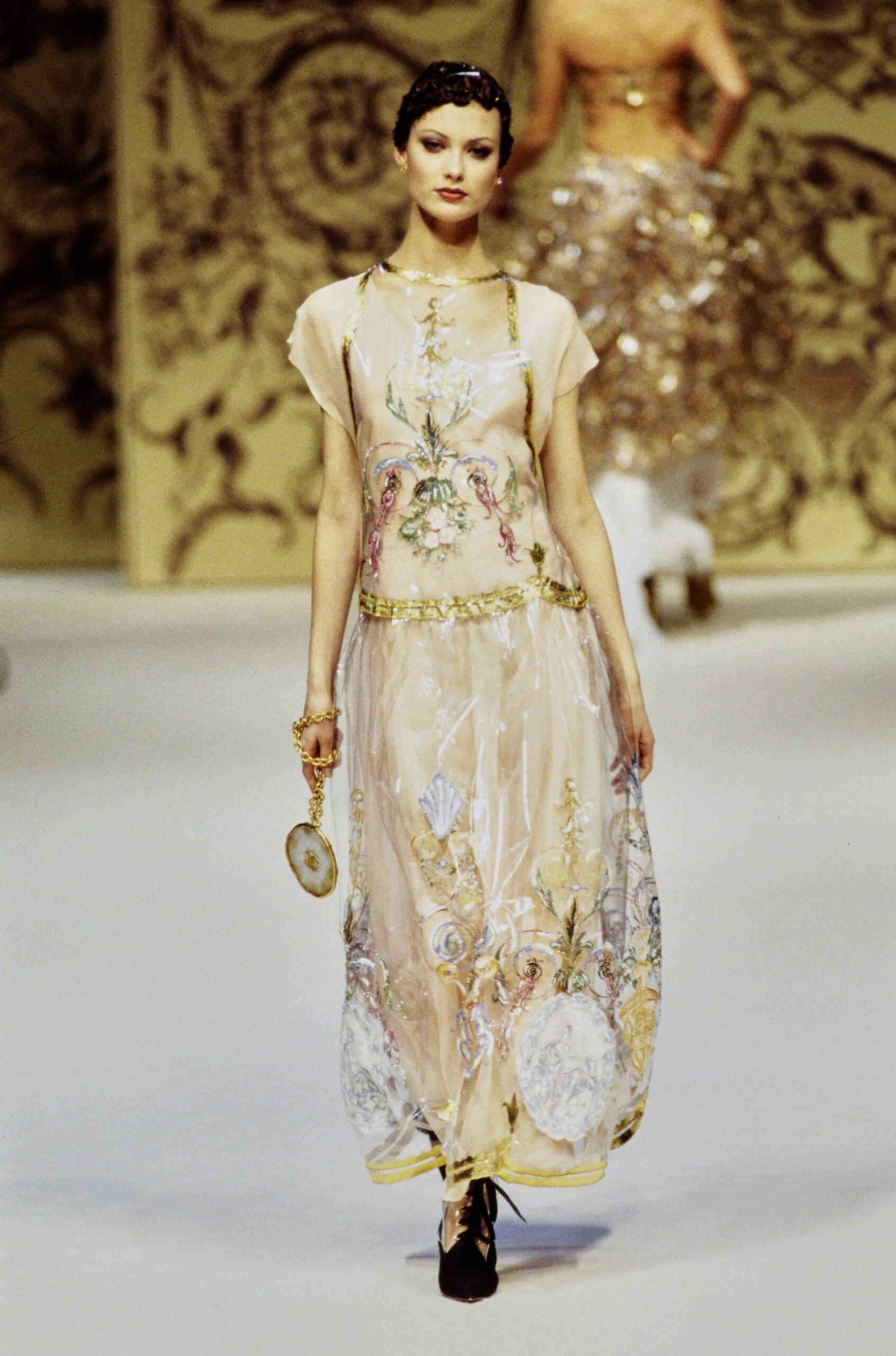 beige silk short-sleeve high-neck fitted embroidered layered gown