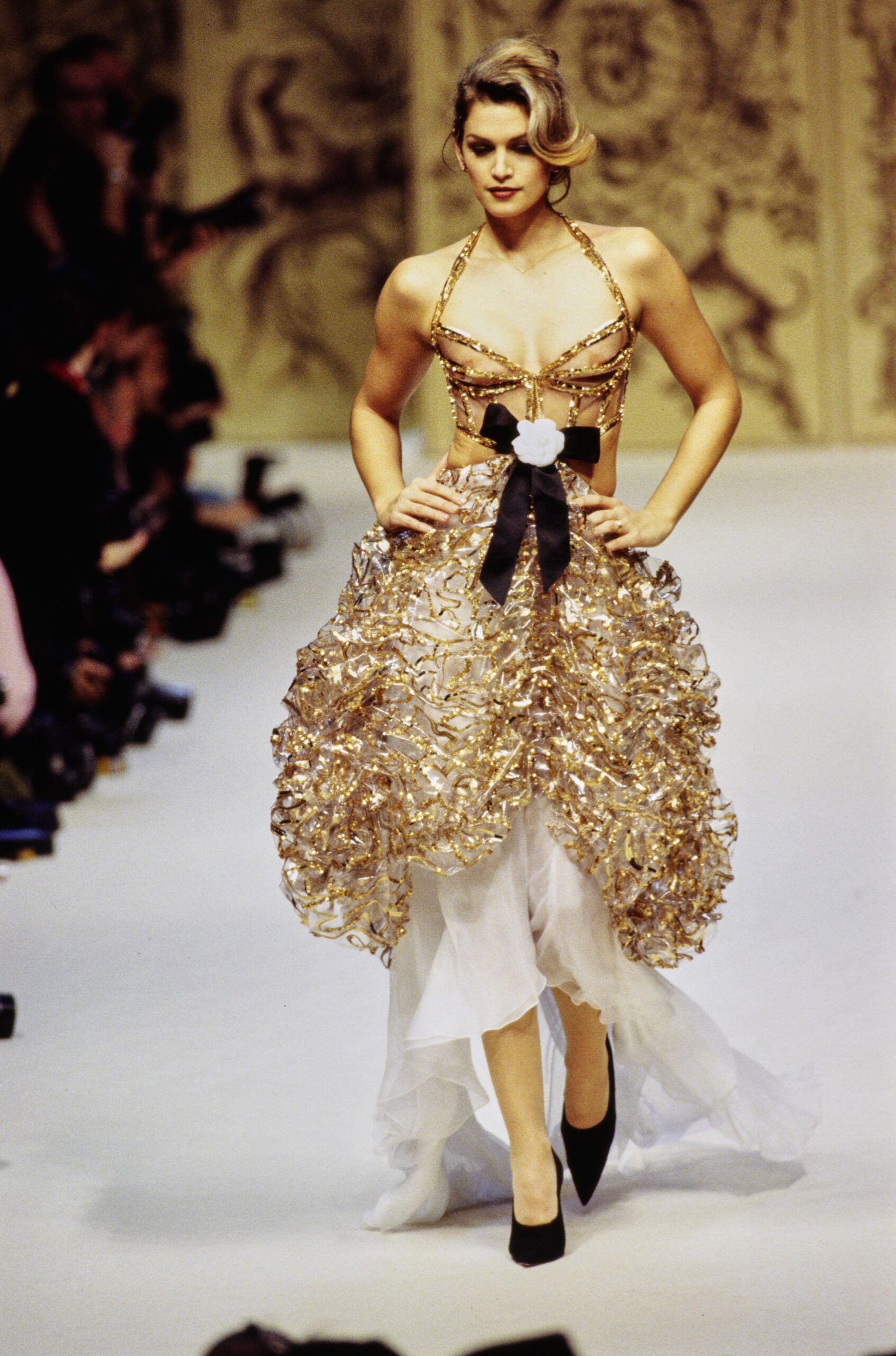 gold and white ruffled dress