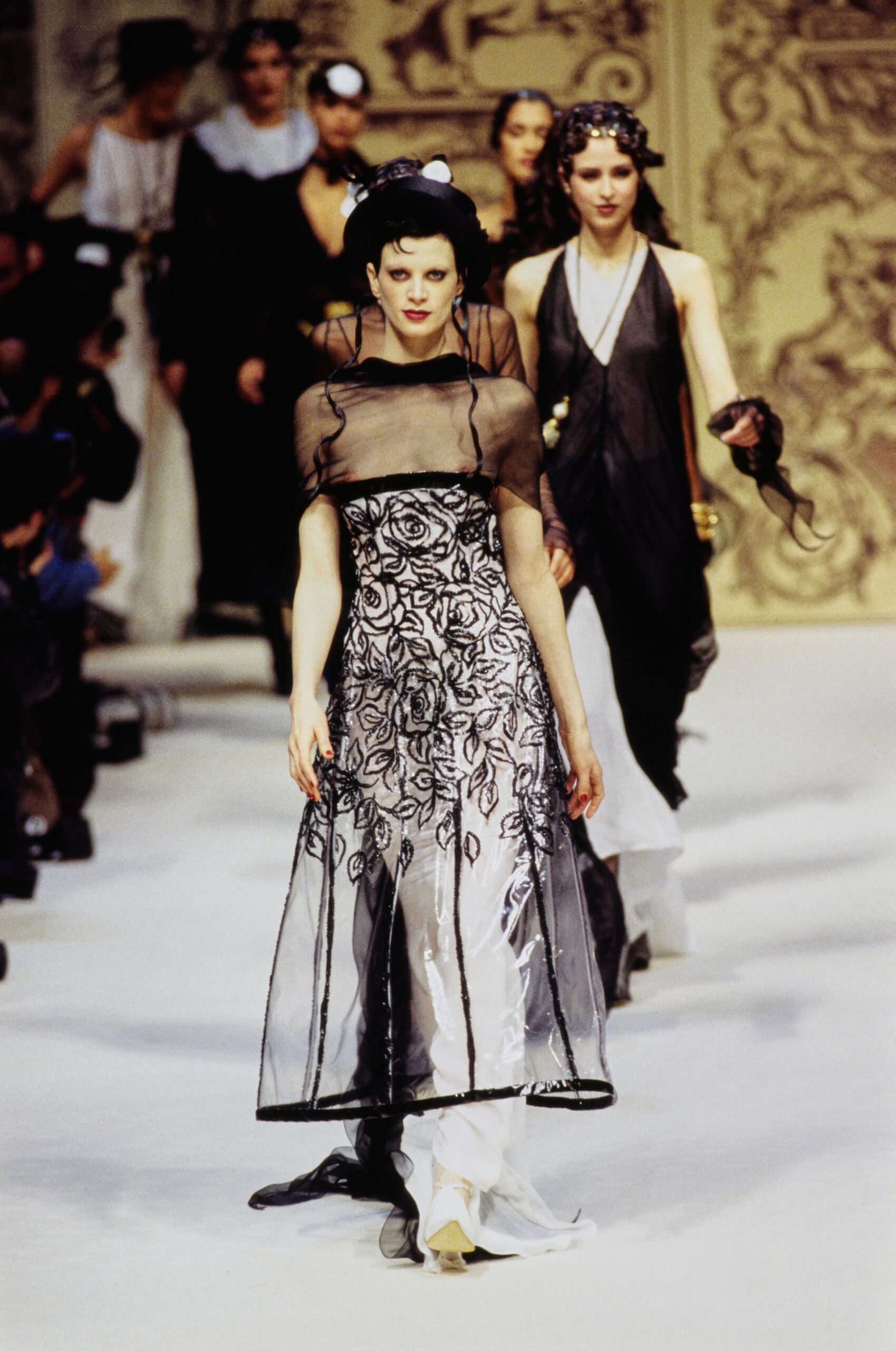 black and white sheer embroidered gowns
