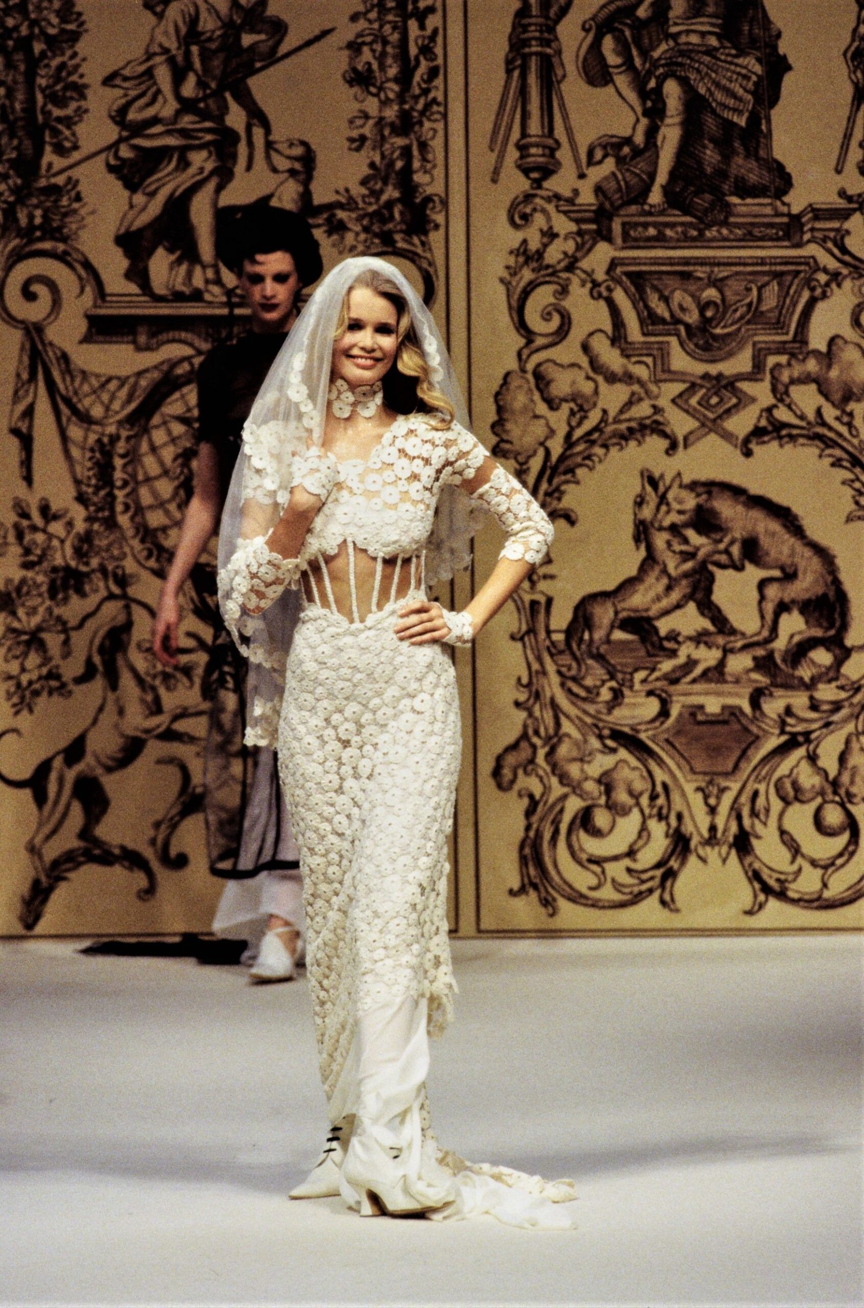 white embroidered maxi gown with veil