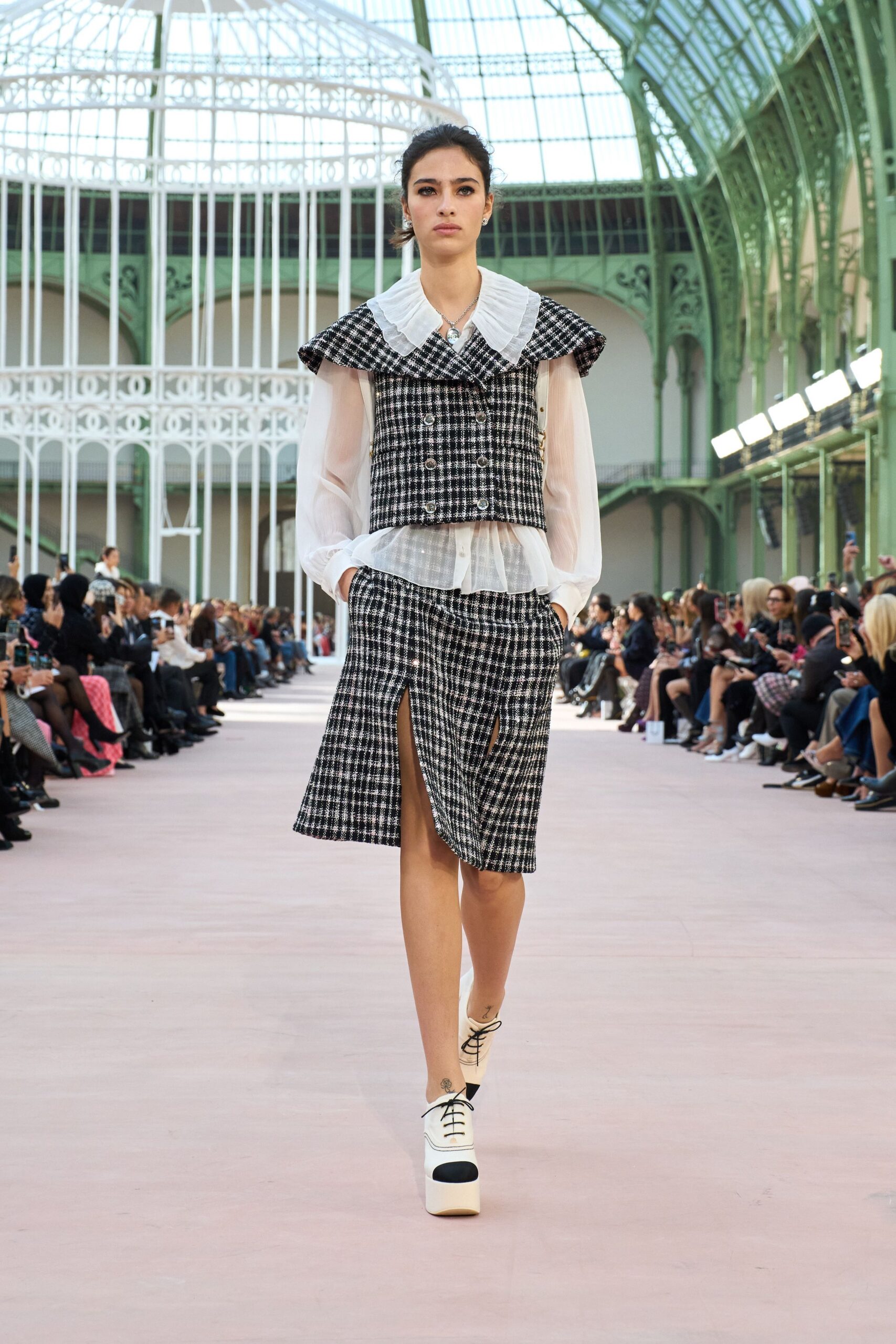 checked top and skirt with shoes