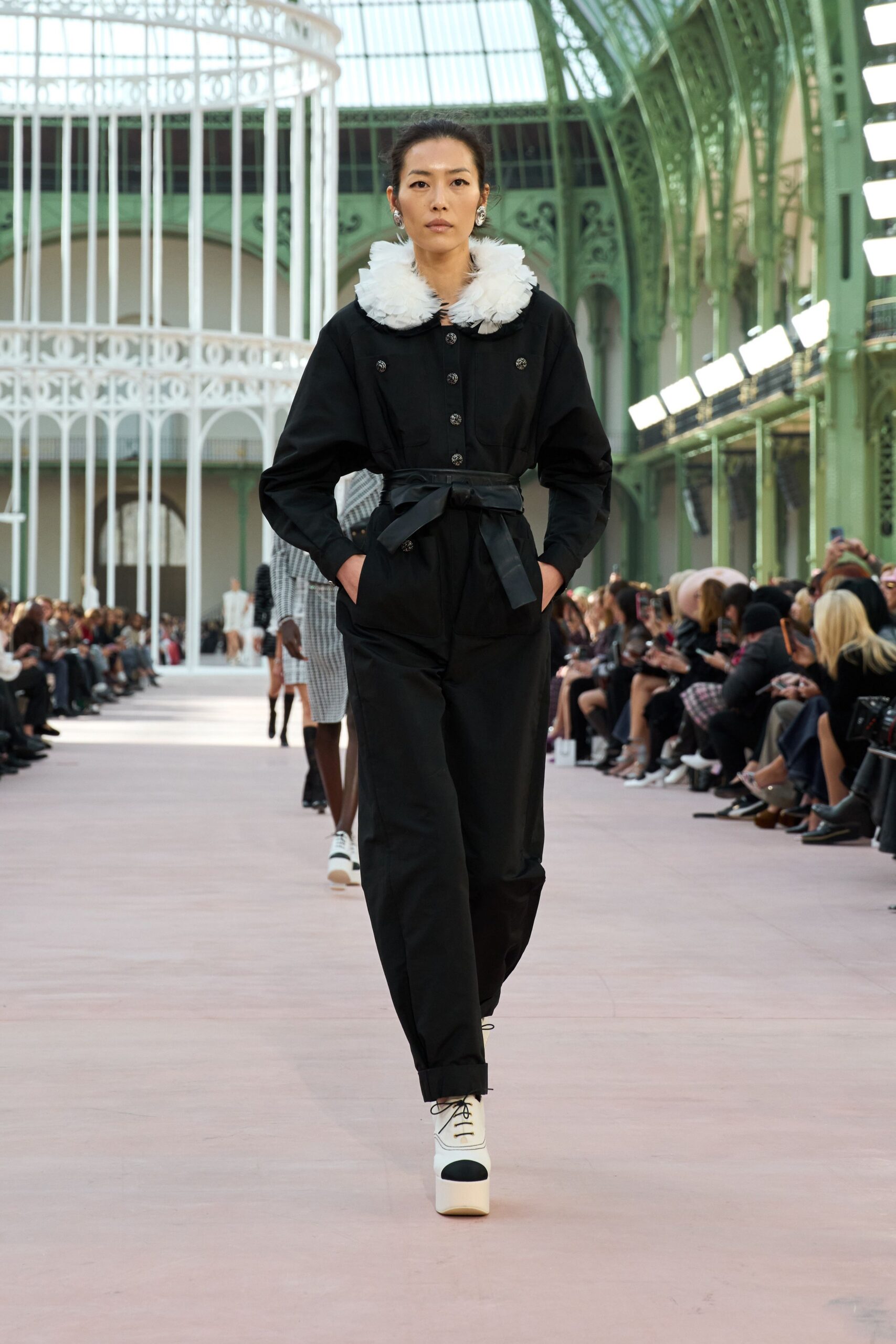 black cotton long-sleeve collared fitted zippered belted jumpsuit