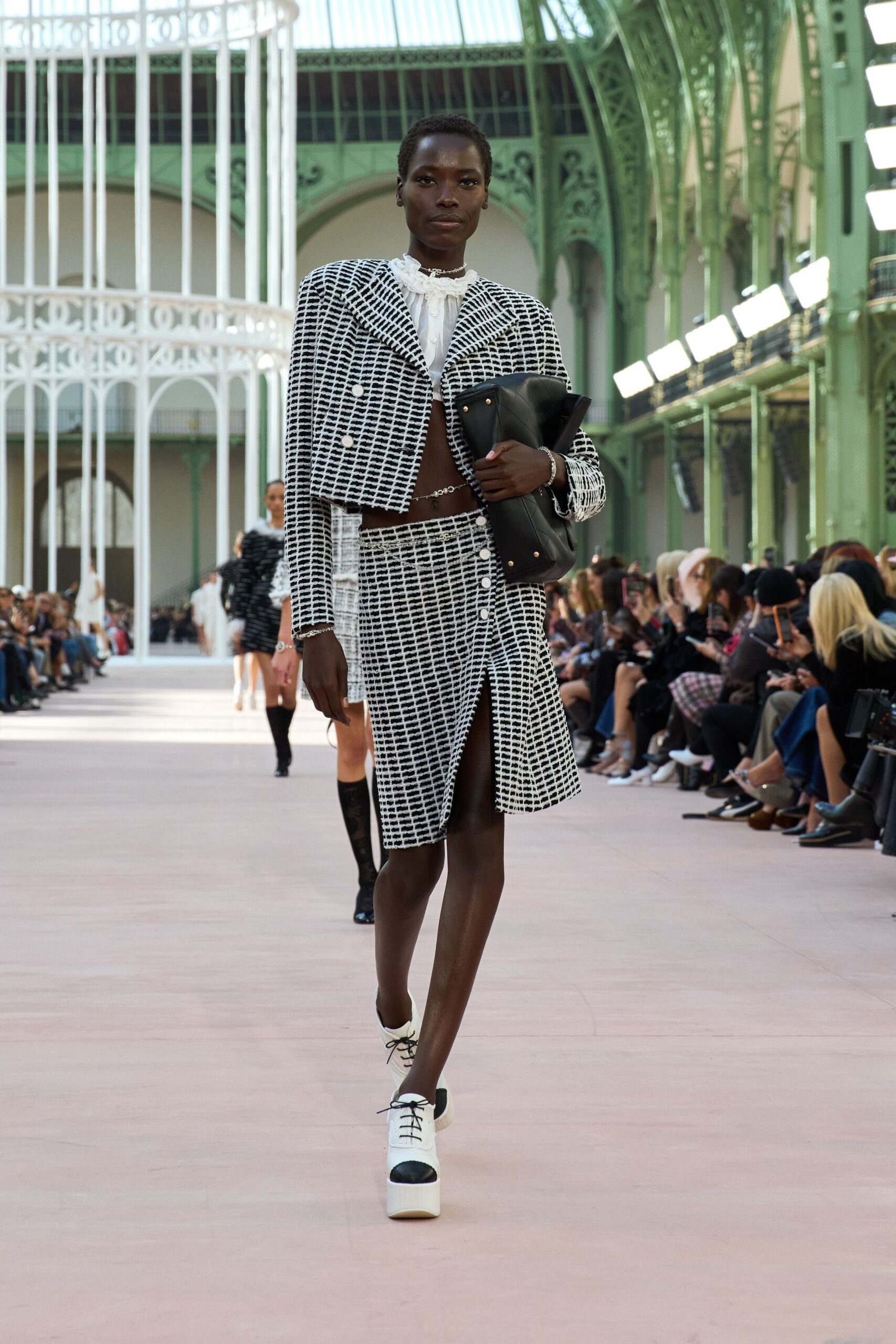 black and white checked blazer and skirt