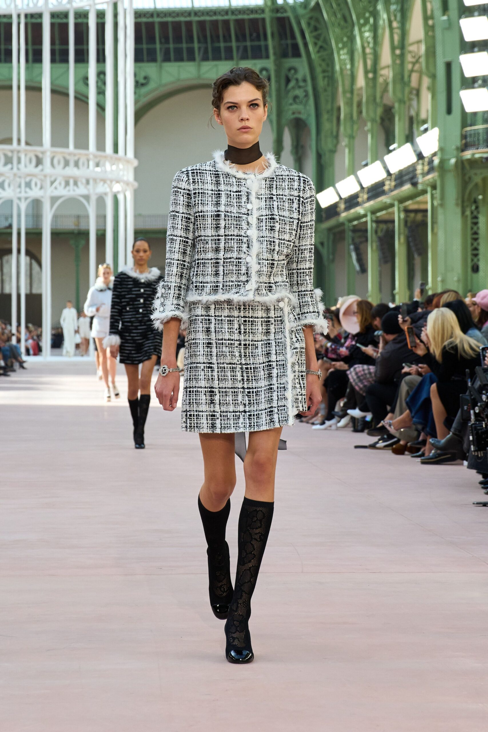 black tweed long-sleeve collared fitted buttoned layered dress