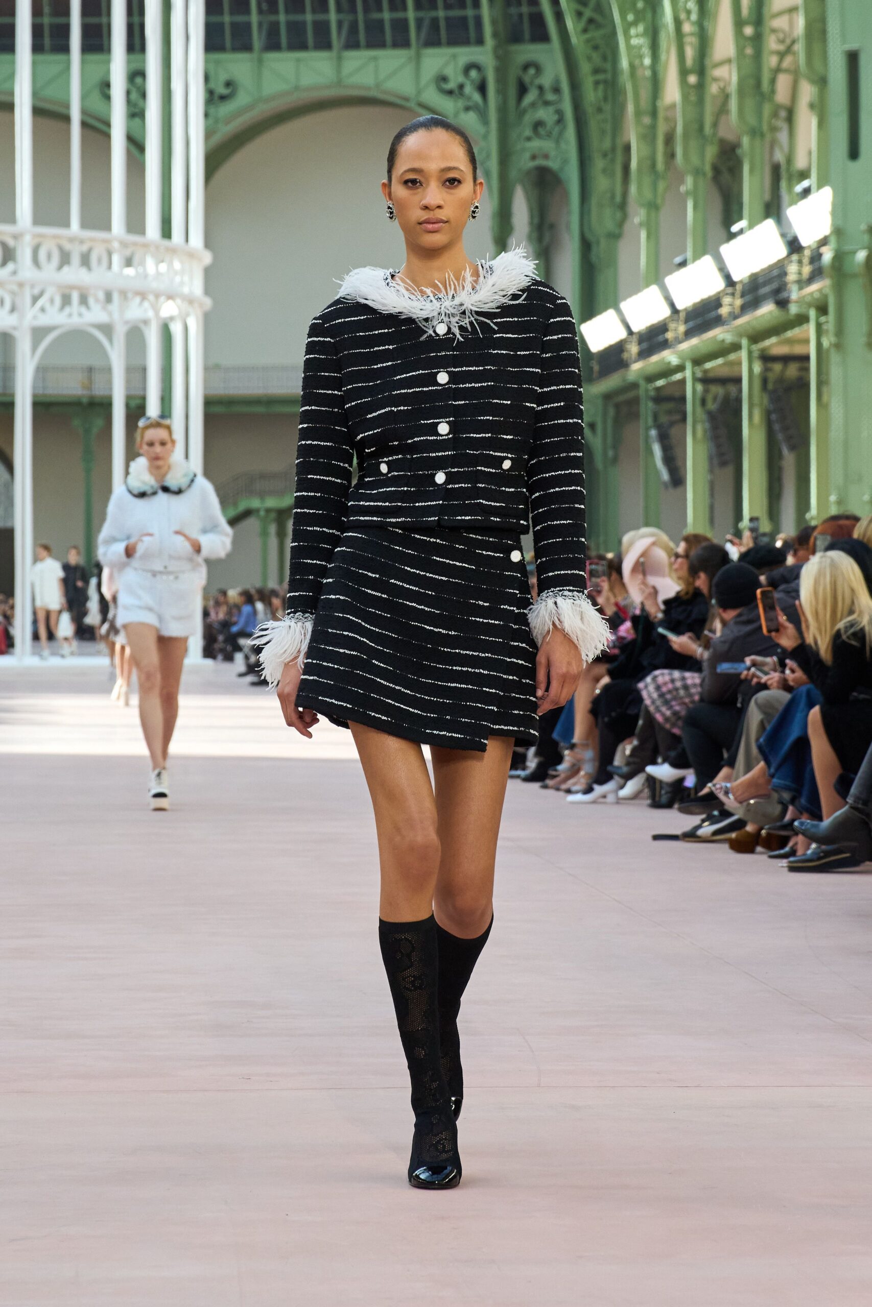 black cotton long-sleeve collared fitted buttoned fringed dress