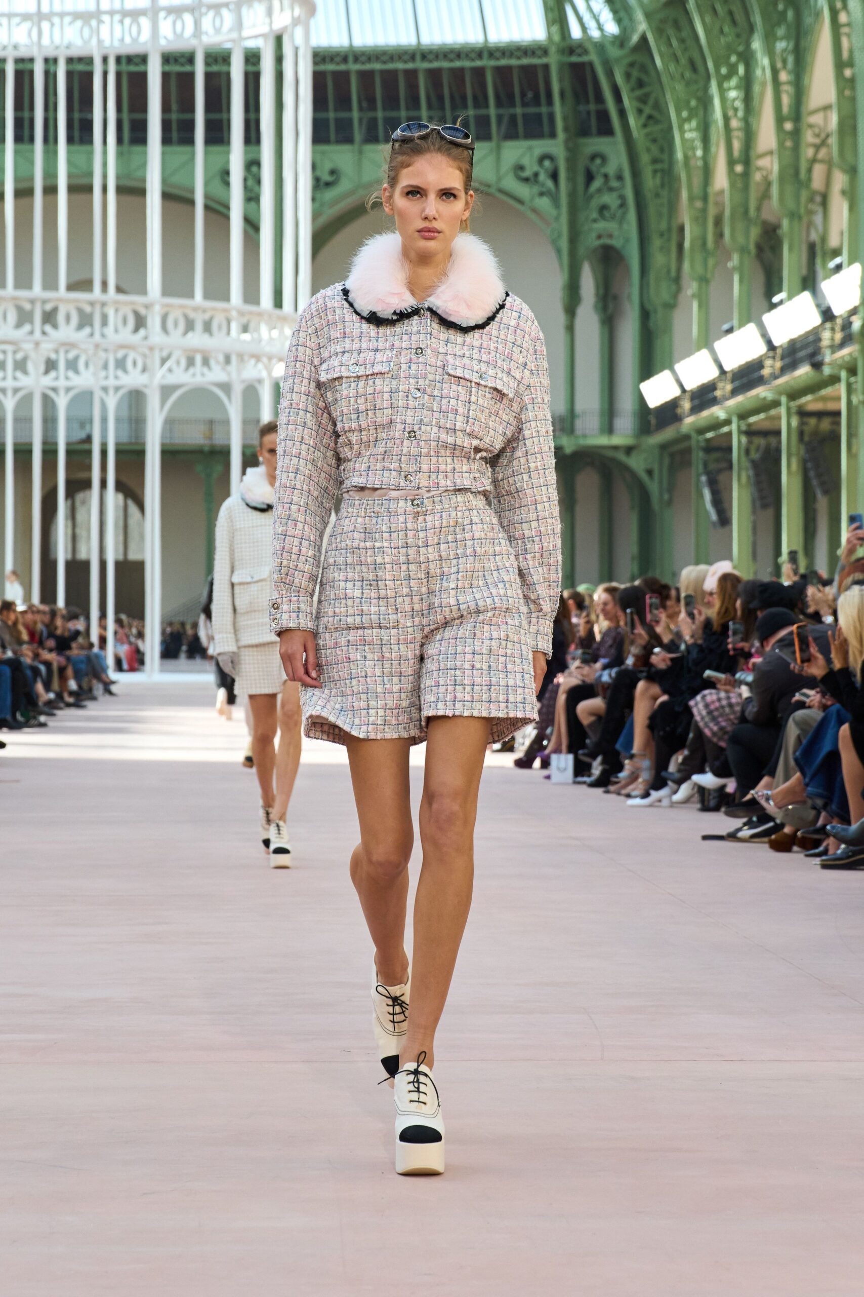 multi tweed long-sleeve collared fitted buttoned belted jacket