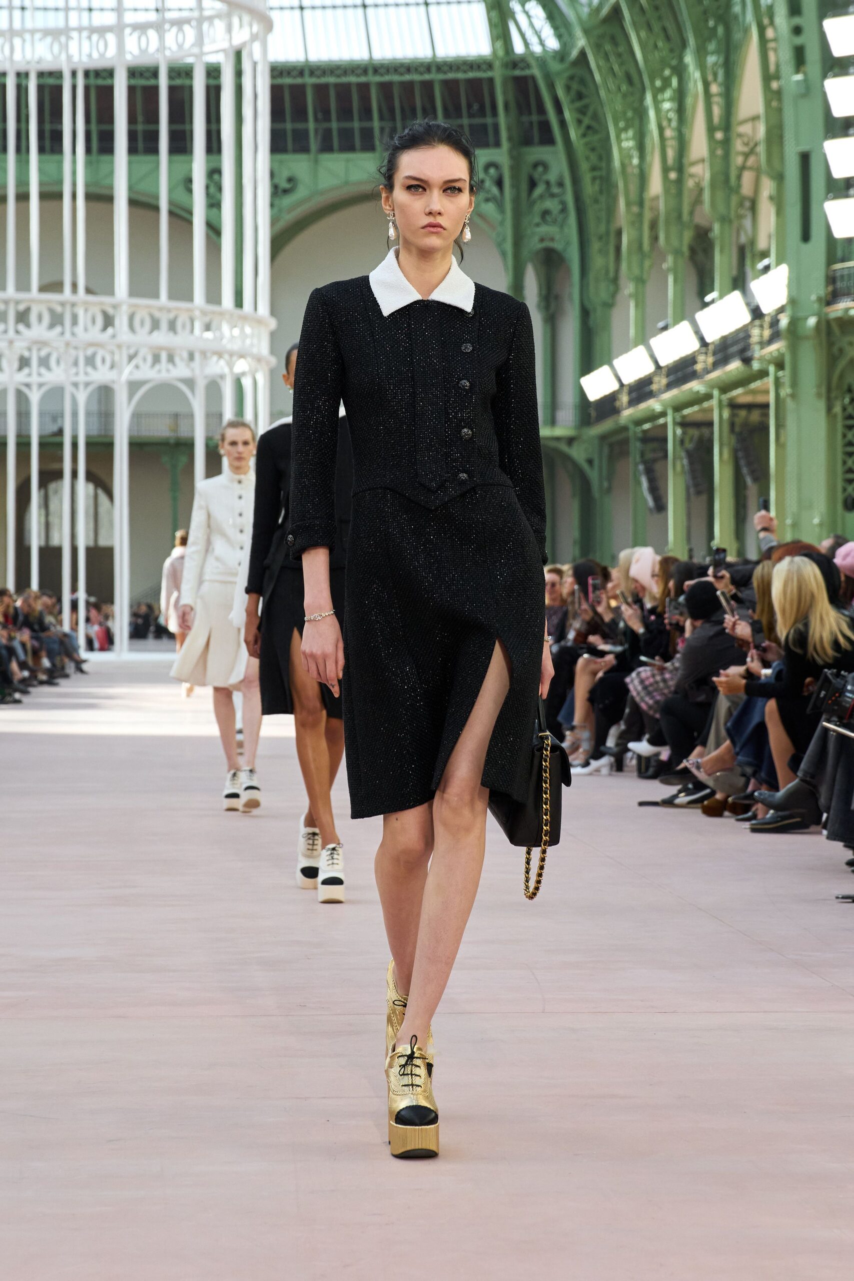black silk long-sleeve collared fitted structured buttoned dress