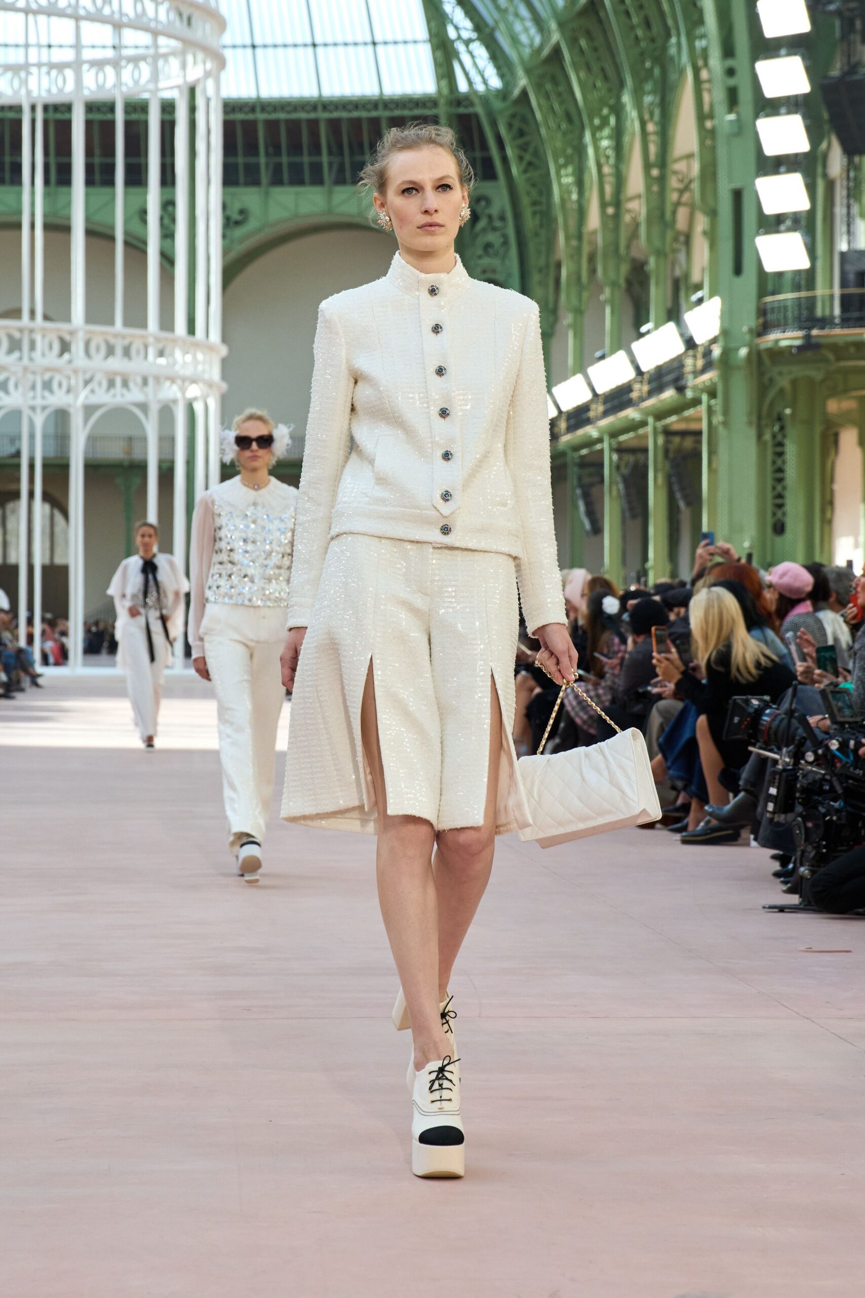 white silk slit fitted high-waisted pleated sheer skirt