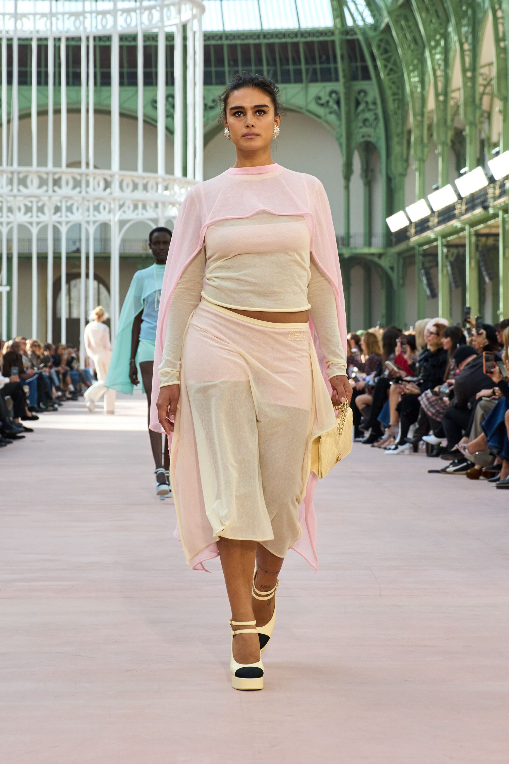 pink chiffon fitted layered sheer midi skirt