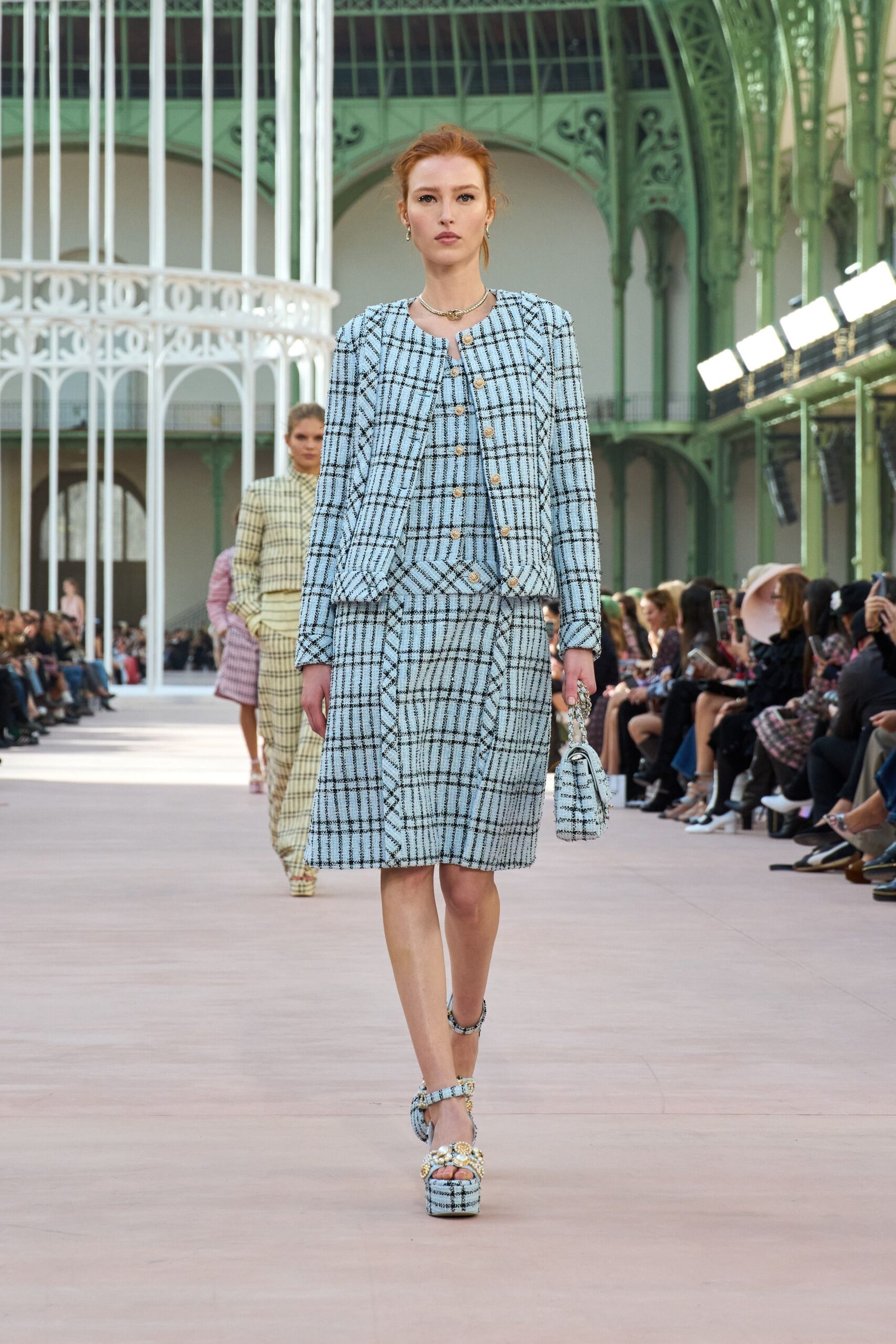 blue tweed tailored checked pencil skirt