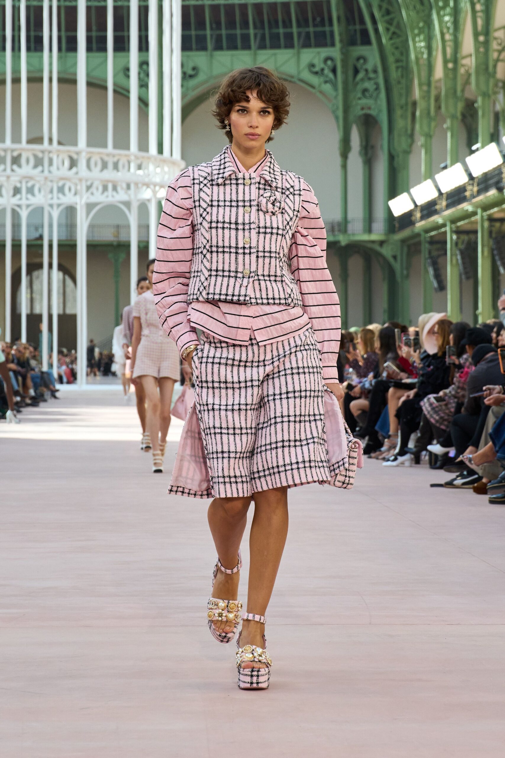 pink checked blazer and skirt