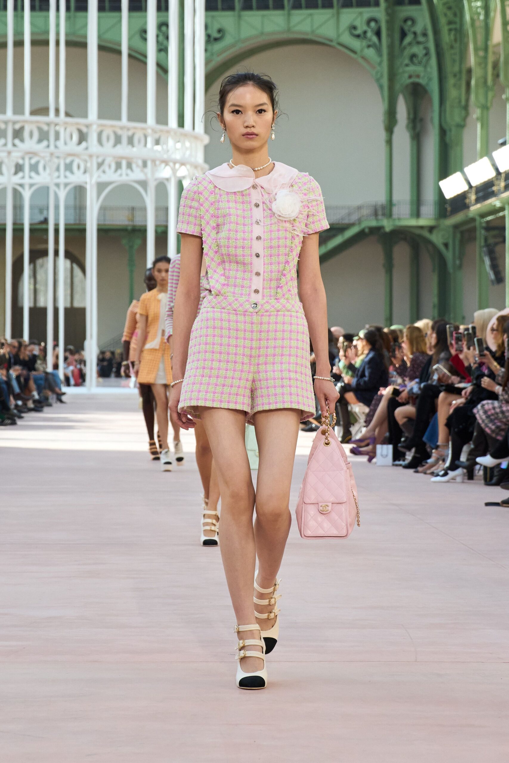 pink cotton short-sleeve collared fitted checked top