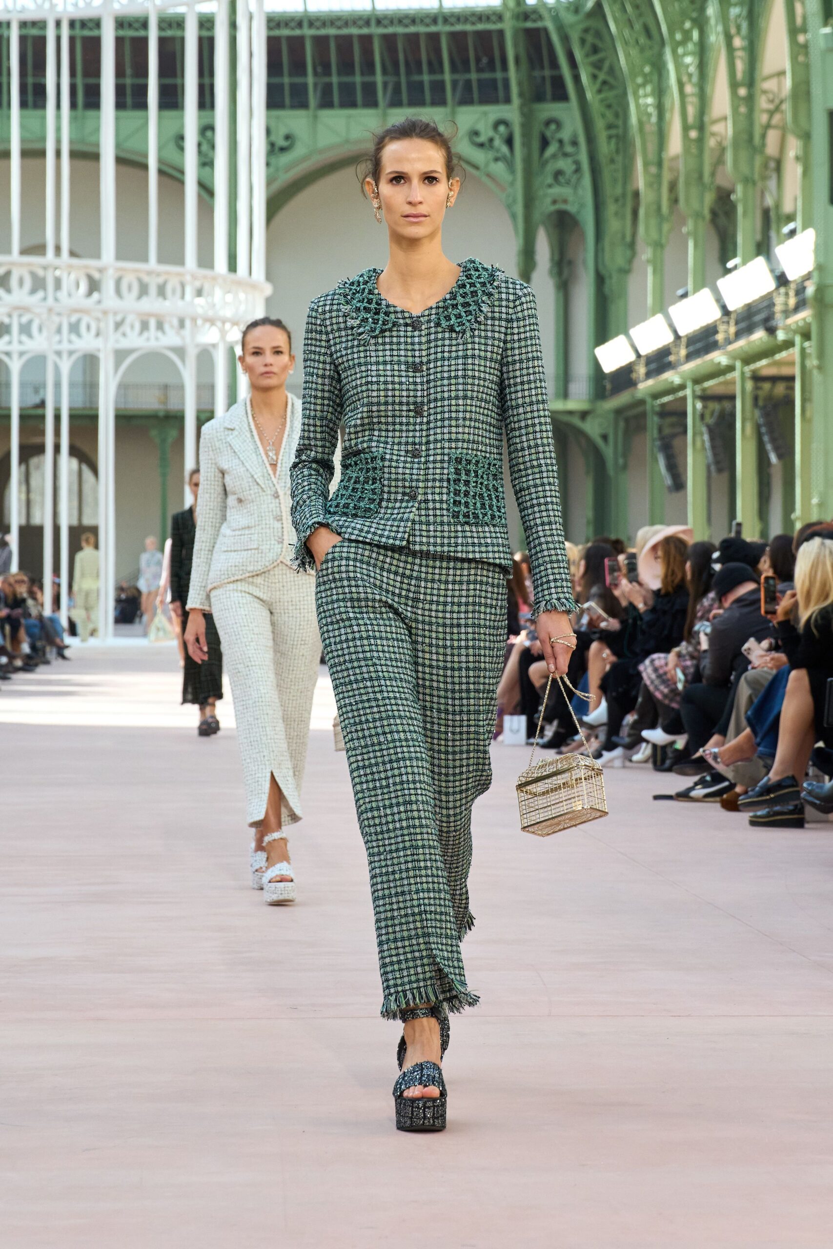 green cotton long-sleeve collared tailored checked suit