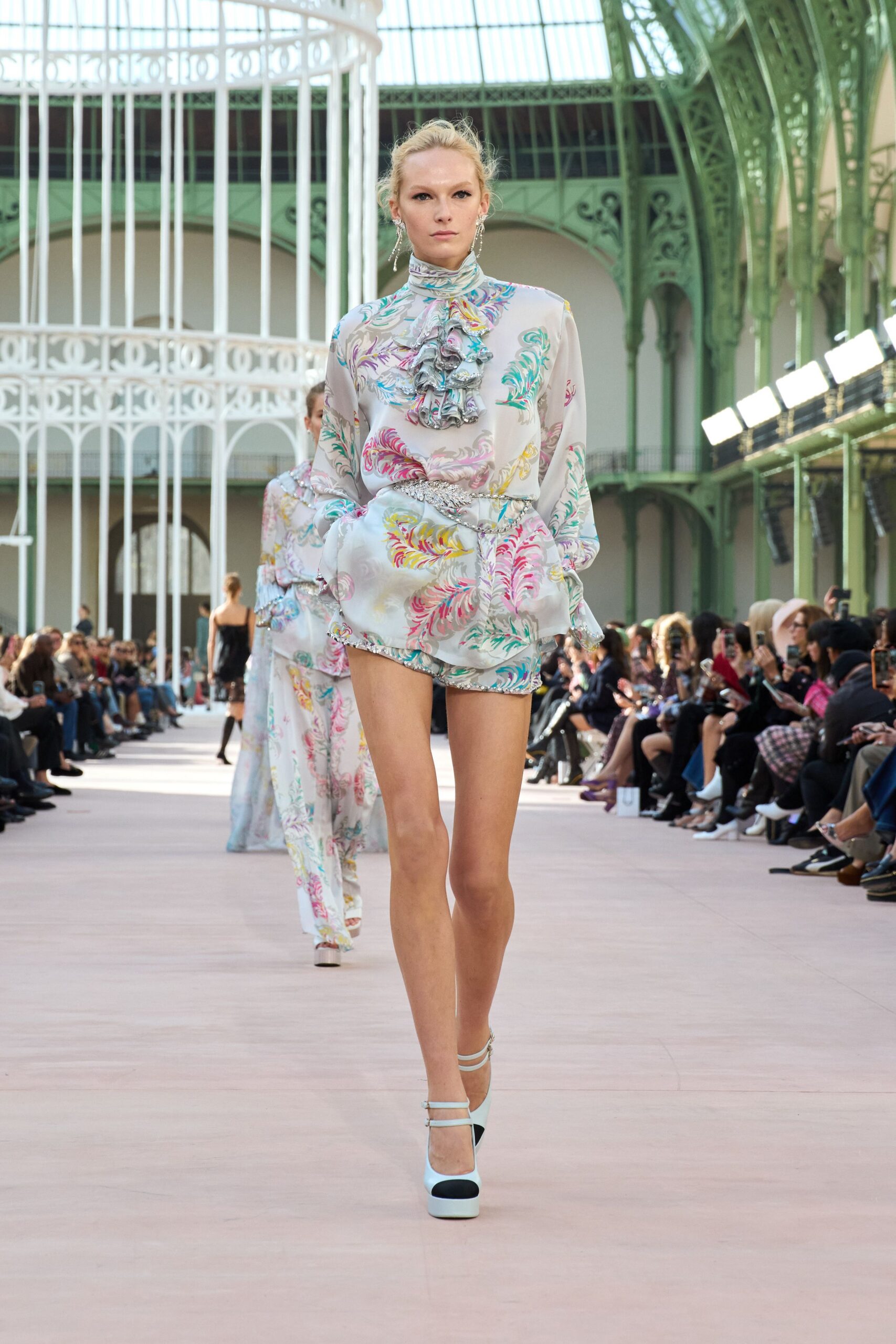 multi silk long-sleeve collared relaxed floral ruffled blouse