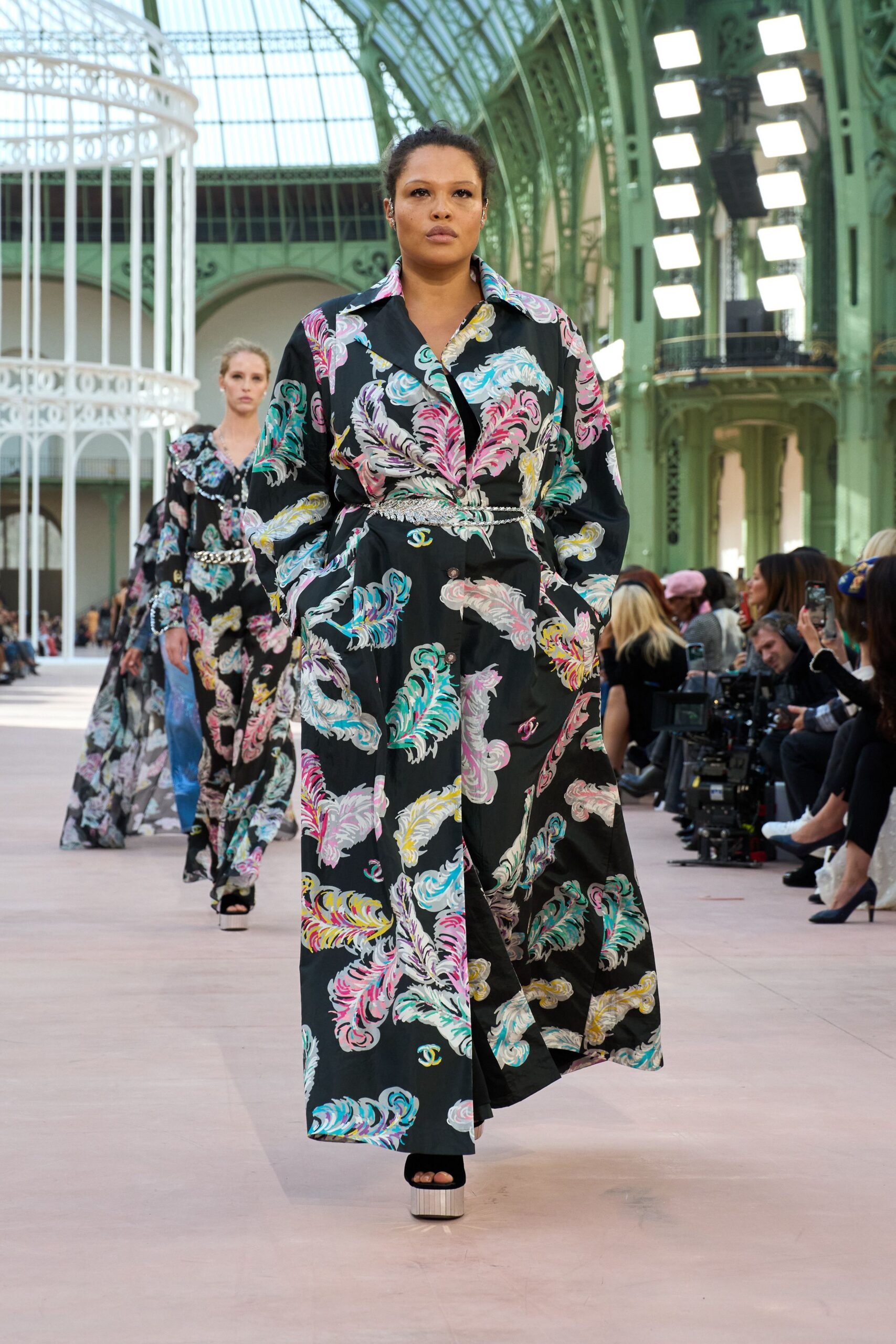 black silk long-sleeve collared fitted printed maxi dress