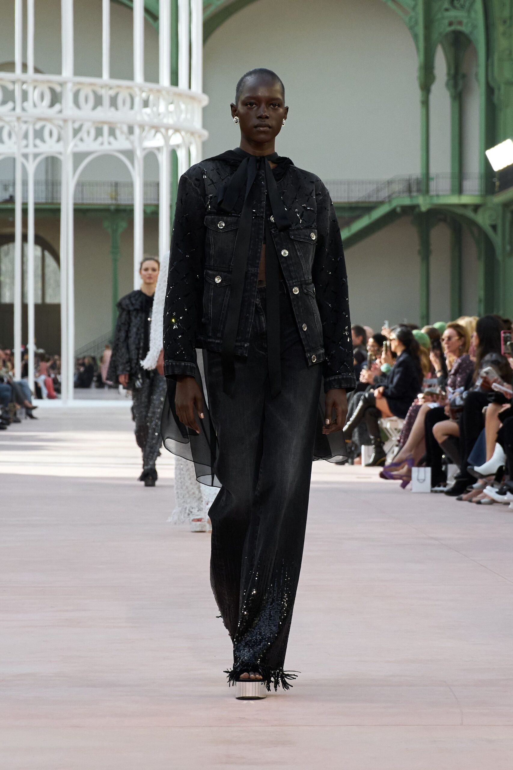 black denim long-sleeve collared fitted buttoned embellished jacket