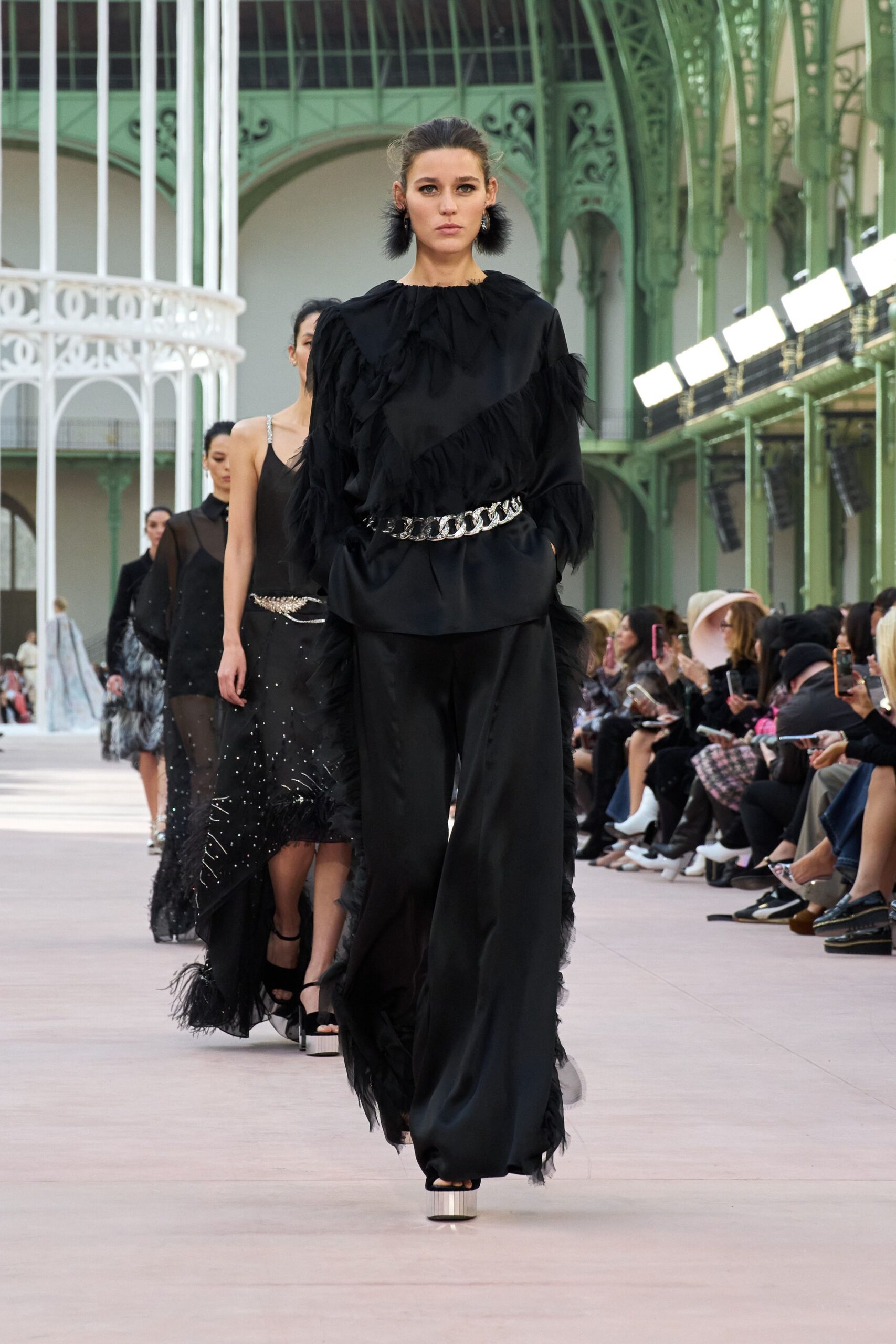black silk long-sleeve relaxed ruffled top