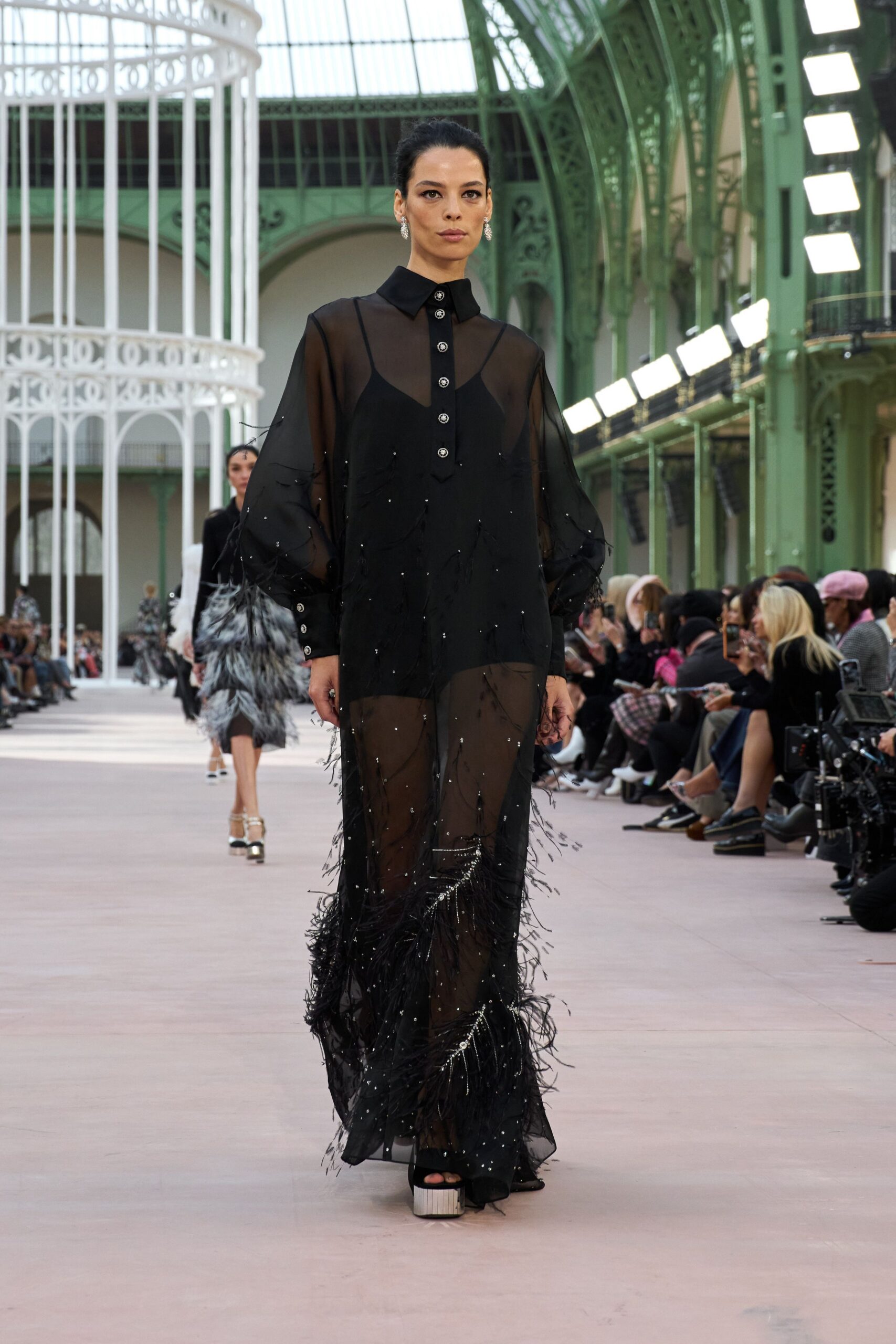 black silk long-sleeve collared fitted pleated beaded dress