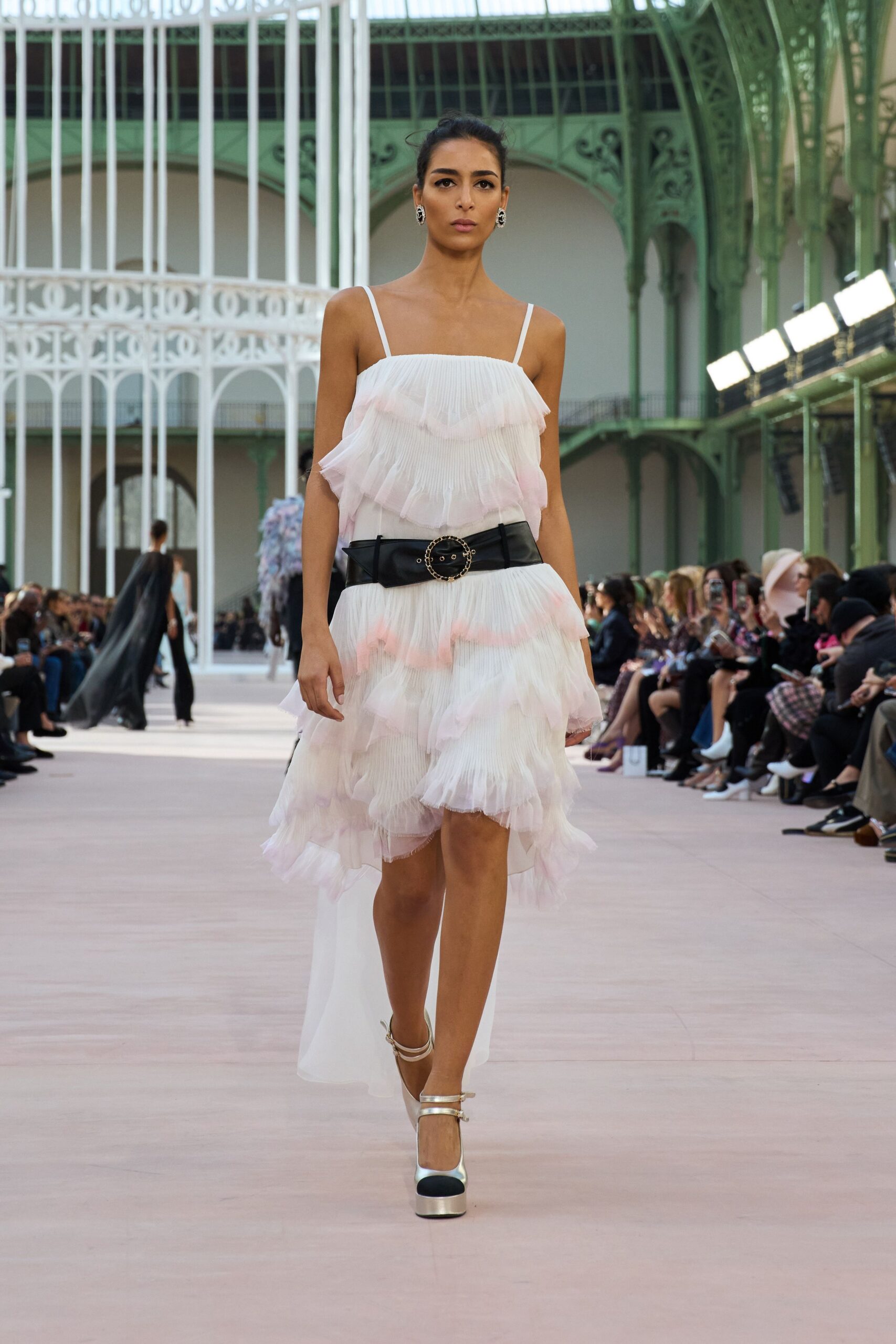 white silk sleeveless v-neck fitted ruffled tiered dress