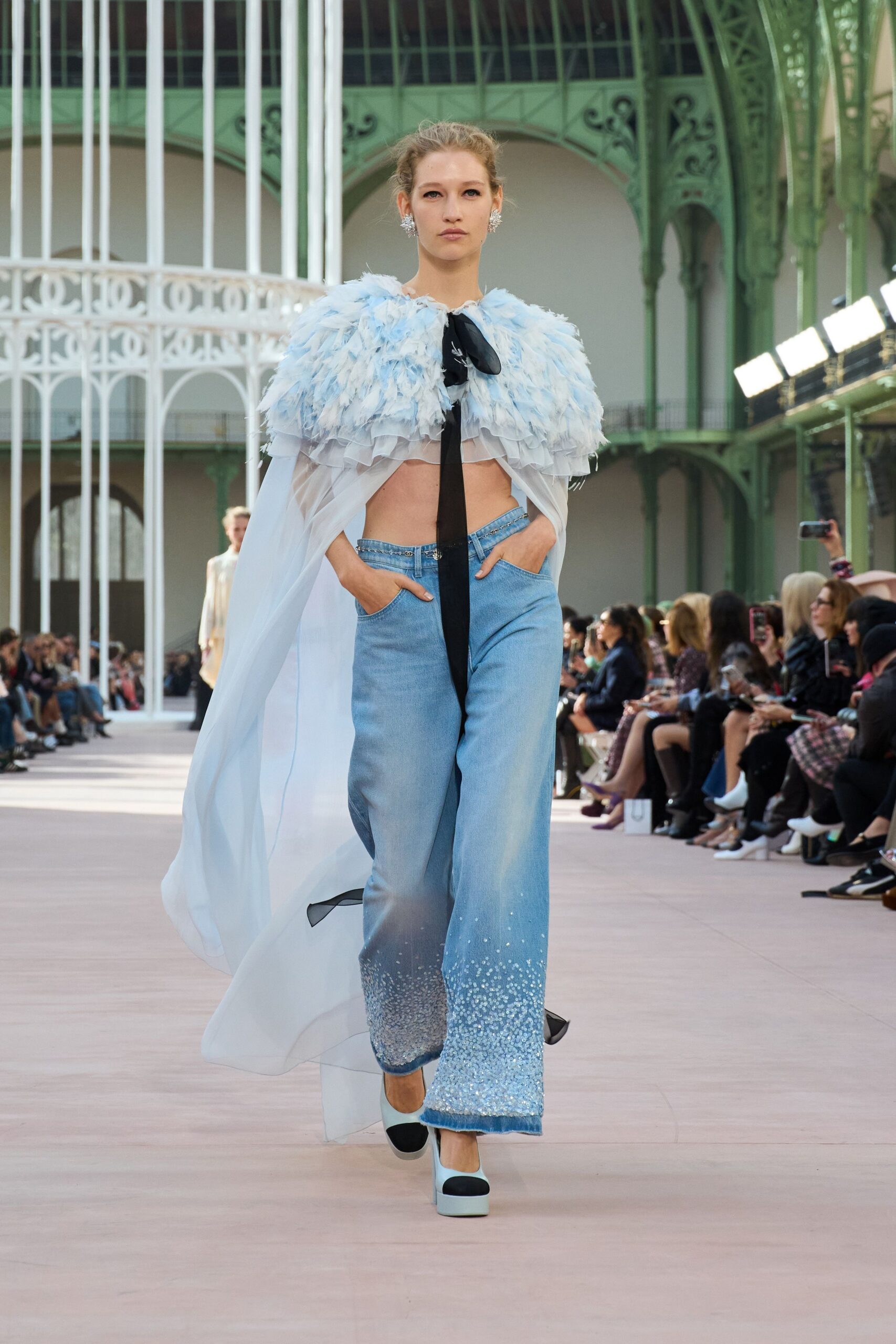 white feather oversized flowing cape