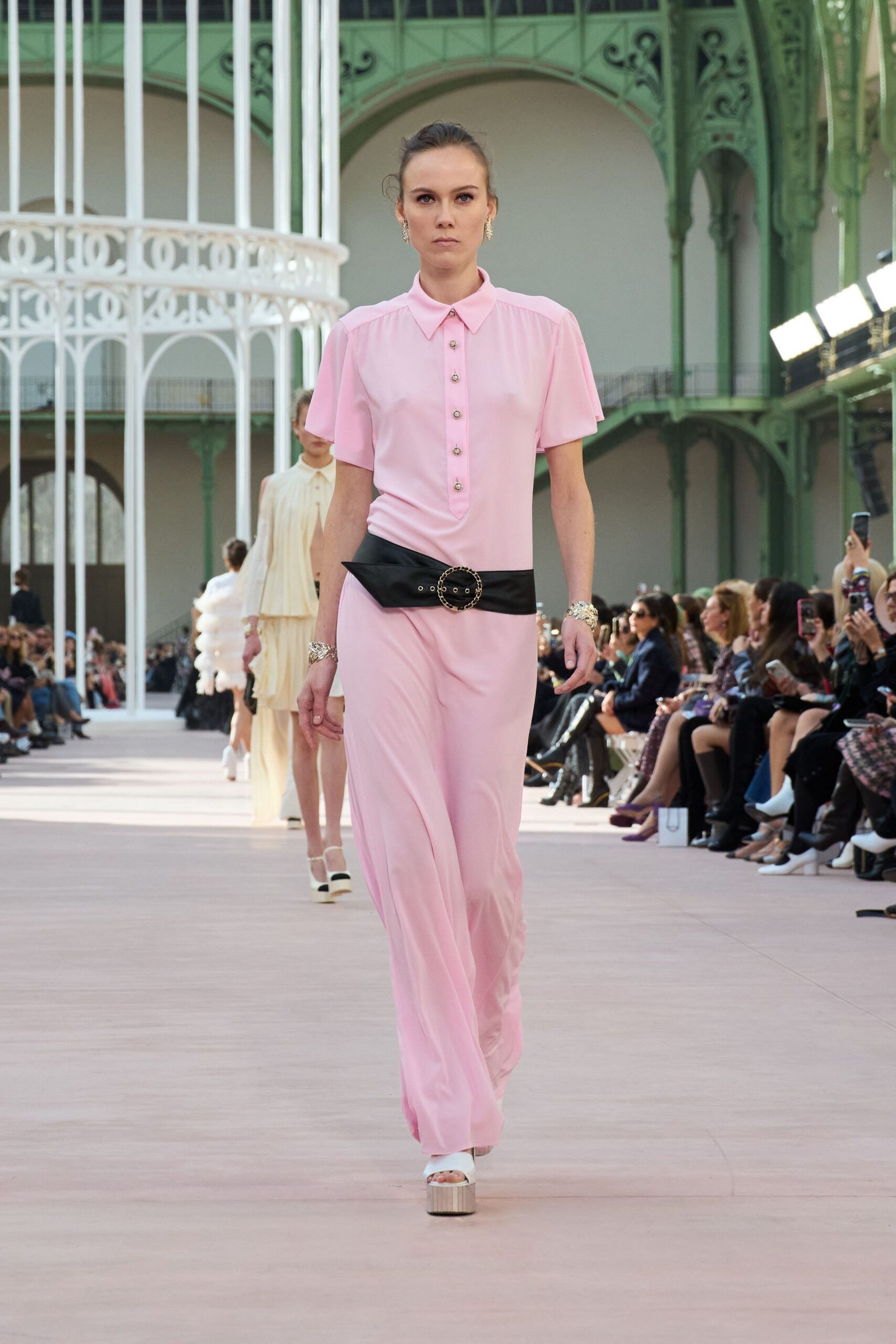 pink silk short-sleeve collared fitted buttoned wide-leg jumpsuit