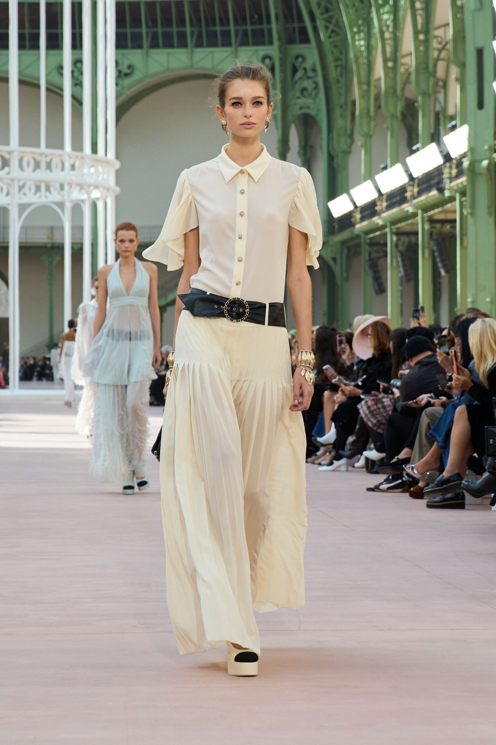 beige silk relaxed pleated flowing maxi skirt