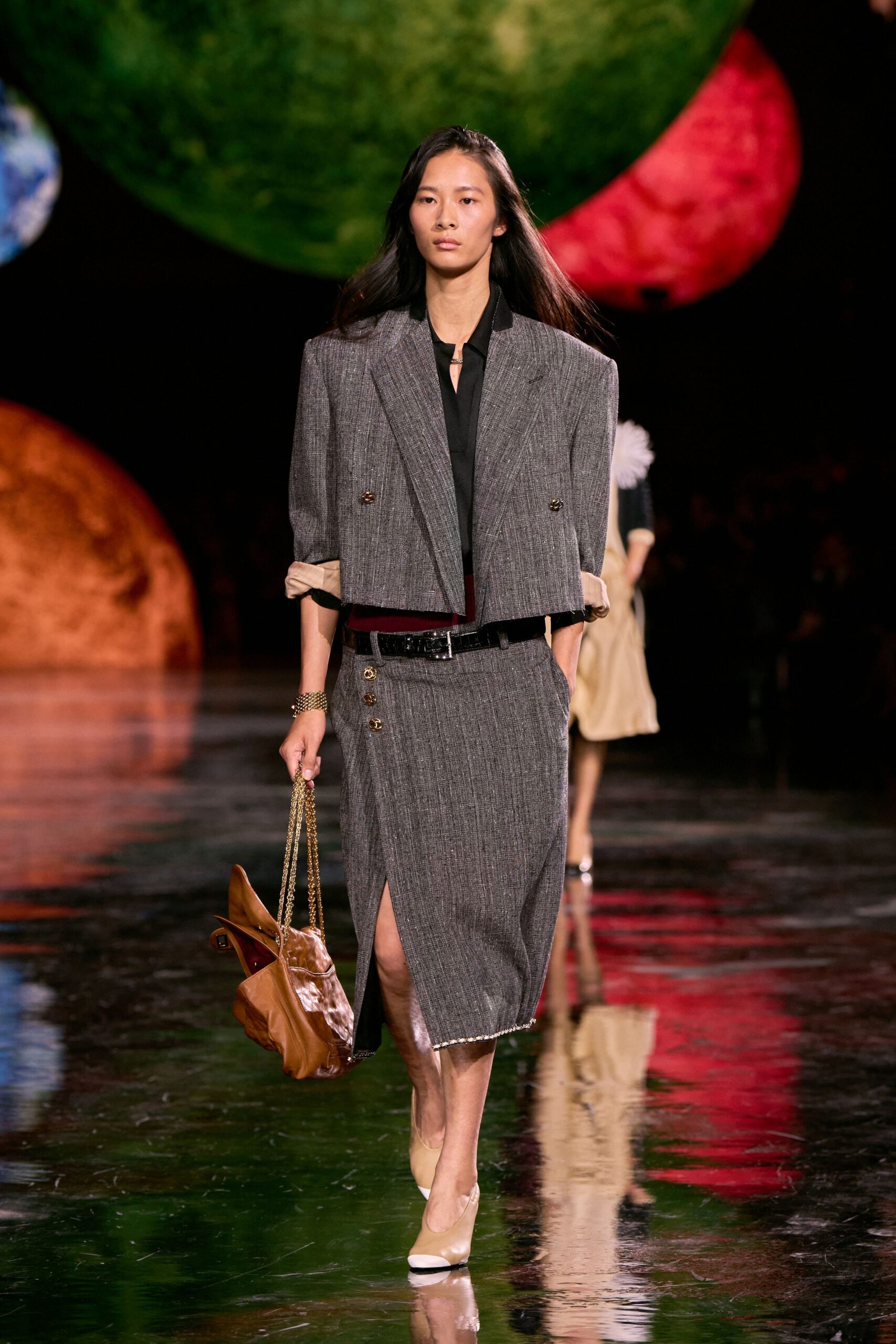 gray tweed slit fitted buttoned midi skirt
