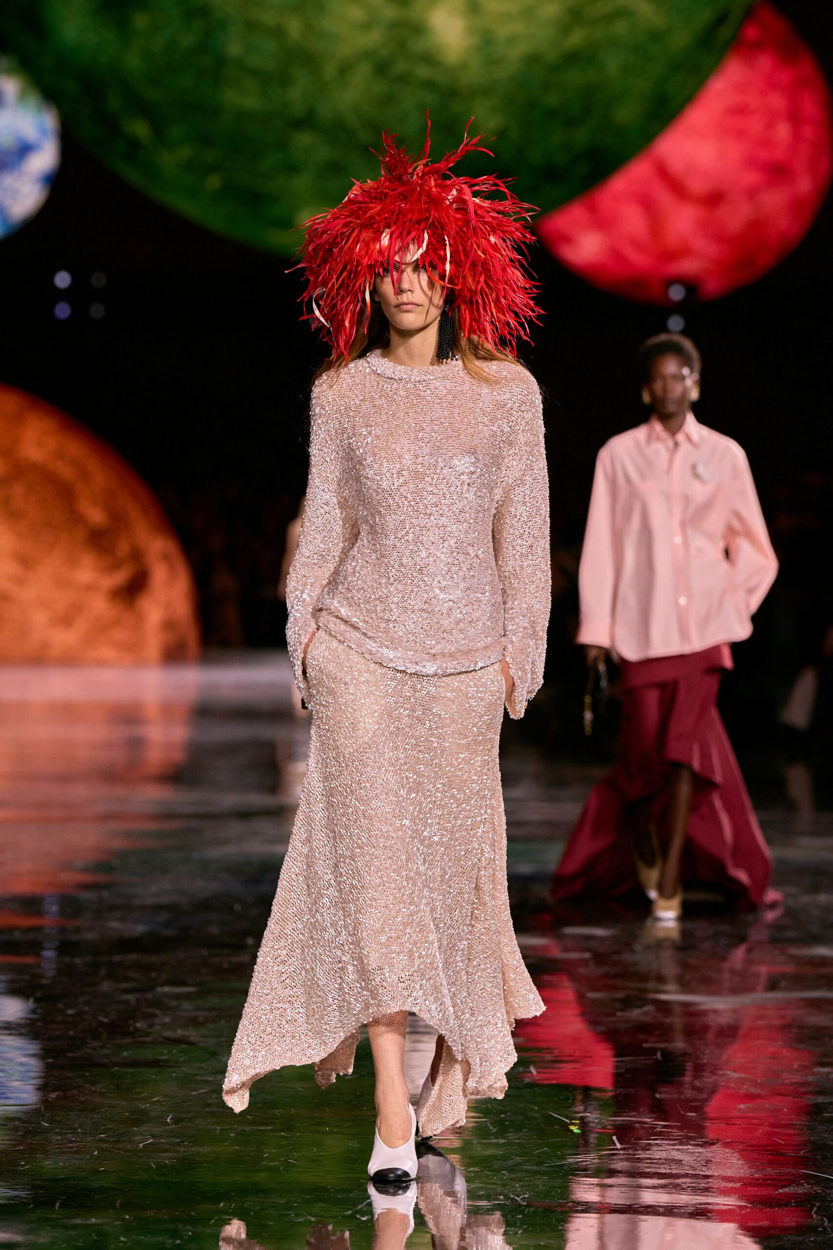 beige sequin long-sleeve v-neck fitted layered shiny gown