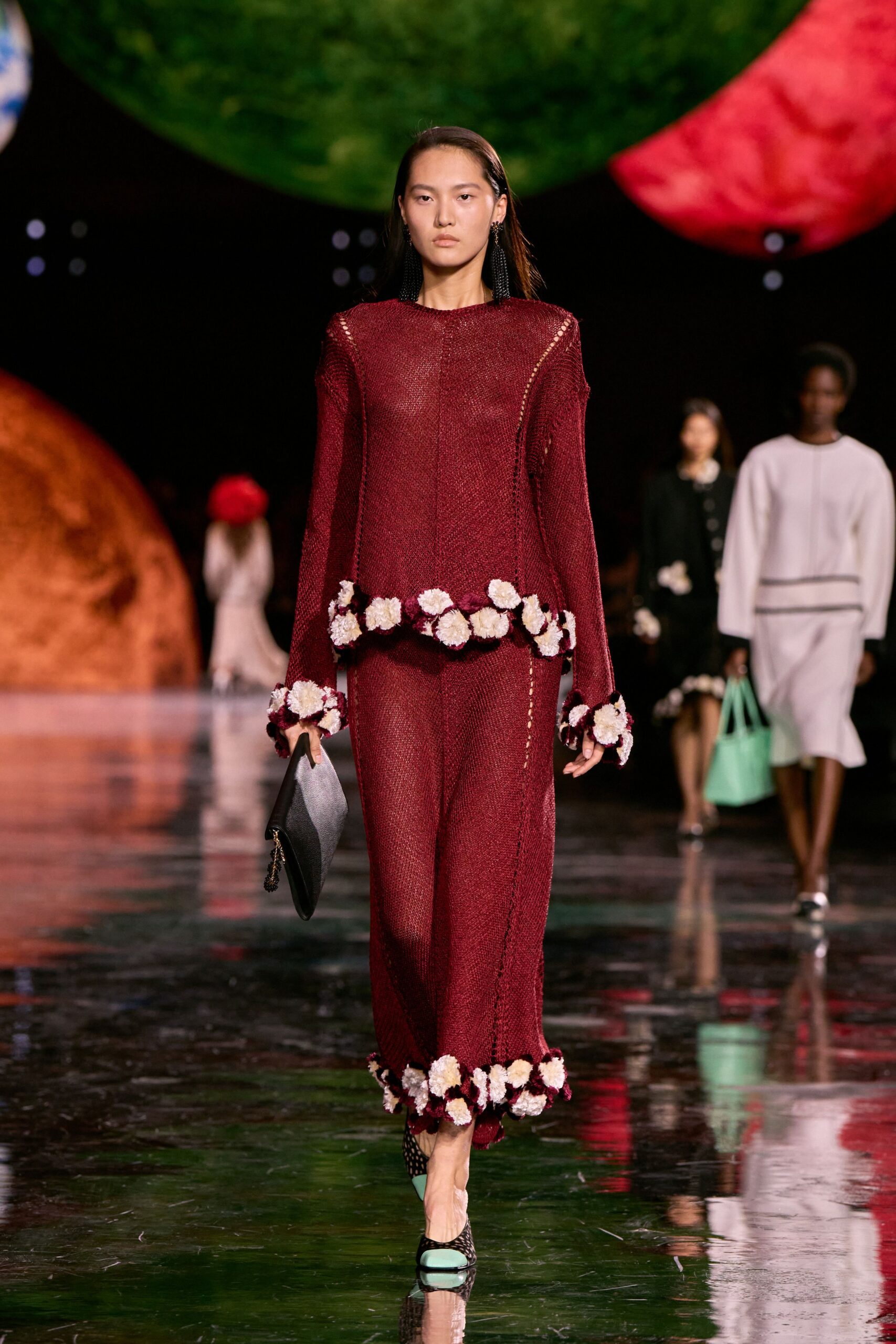 red knit fitted floral straight-leg pants