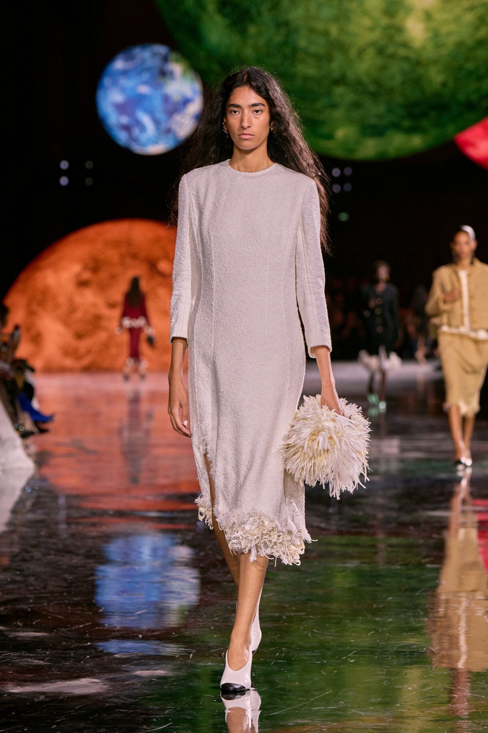 white silk midi dress with fringes