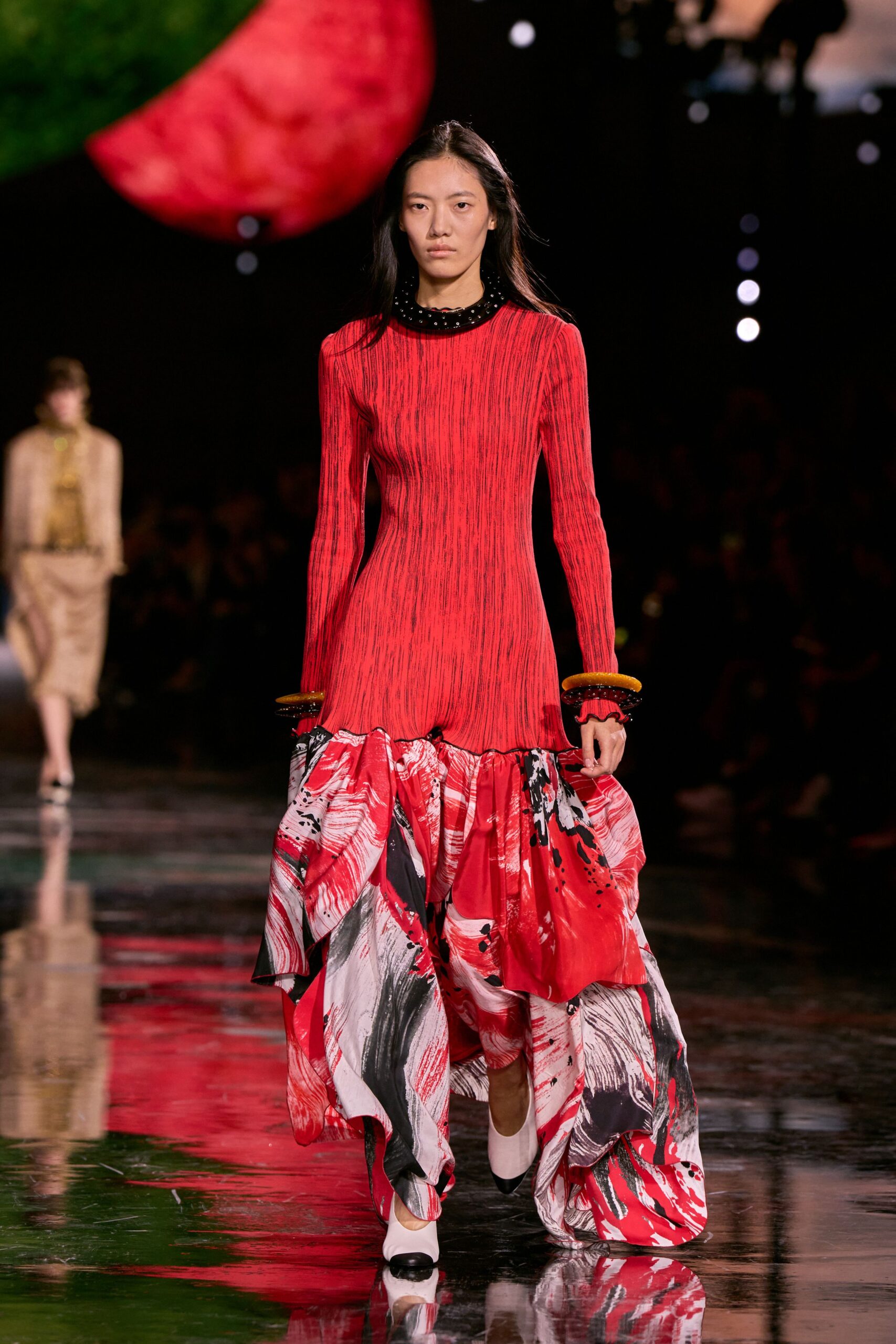 red silk long-sleeve high-neck fitted pleated top
