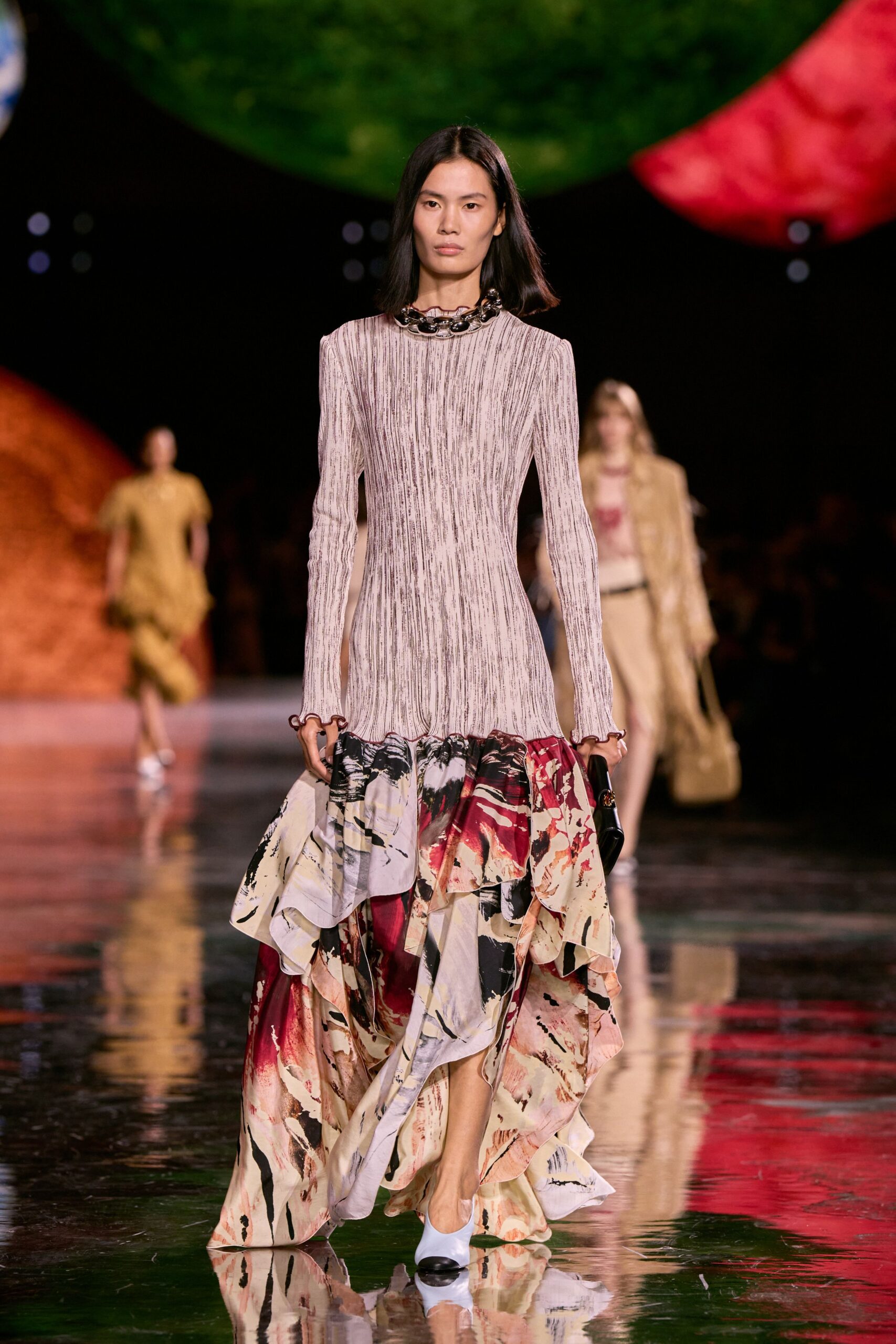beige silk long-sleeve v-neck fitted ruffled layered dress