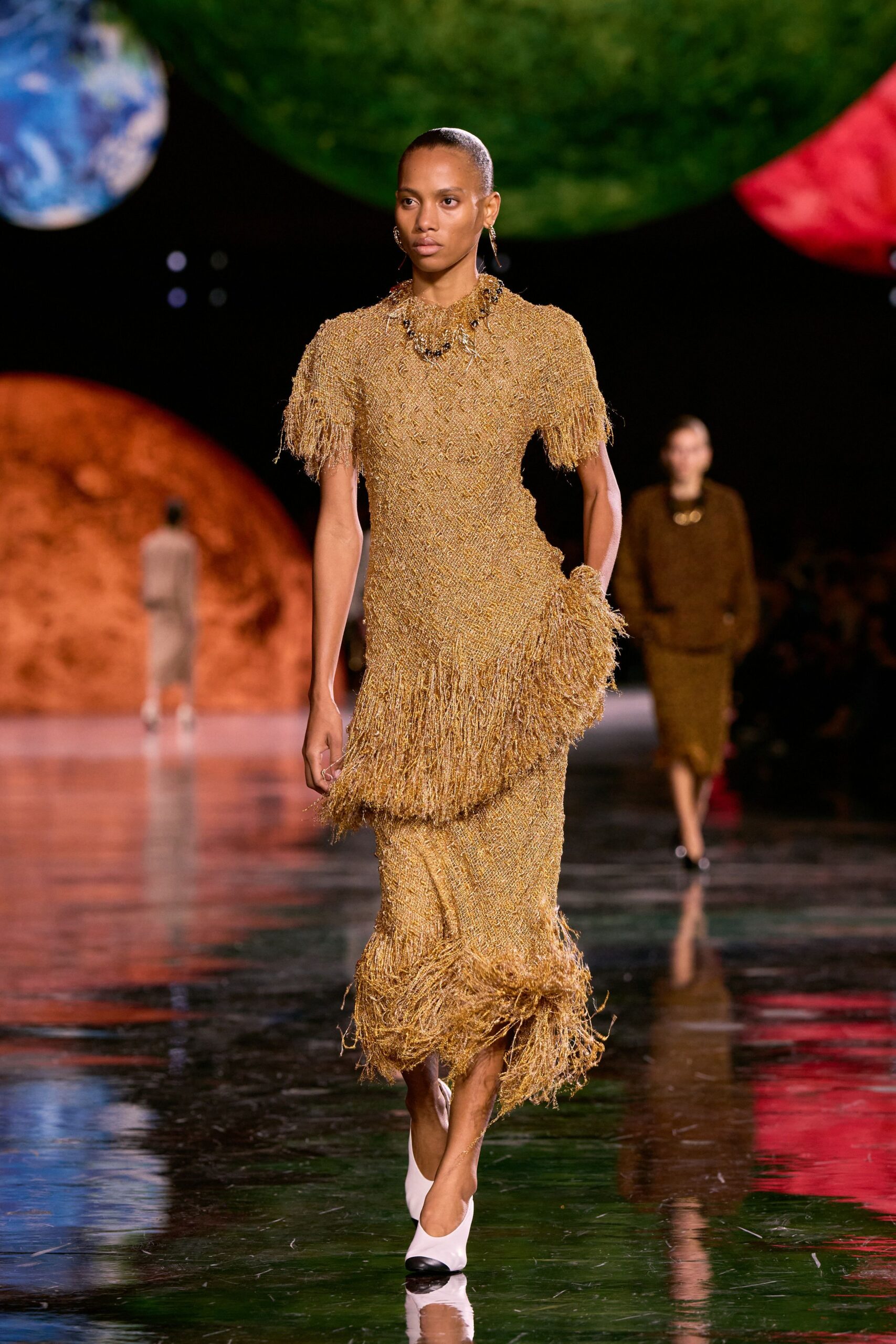 gold fringed midi dress with white shoes
