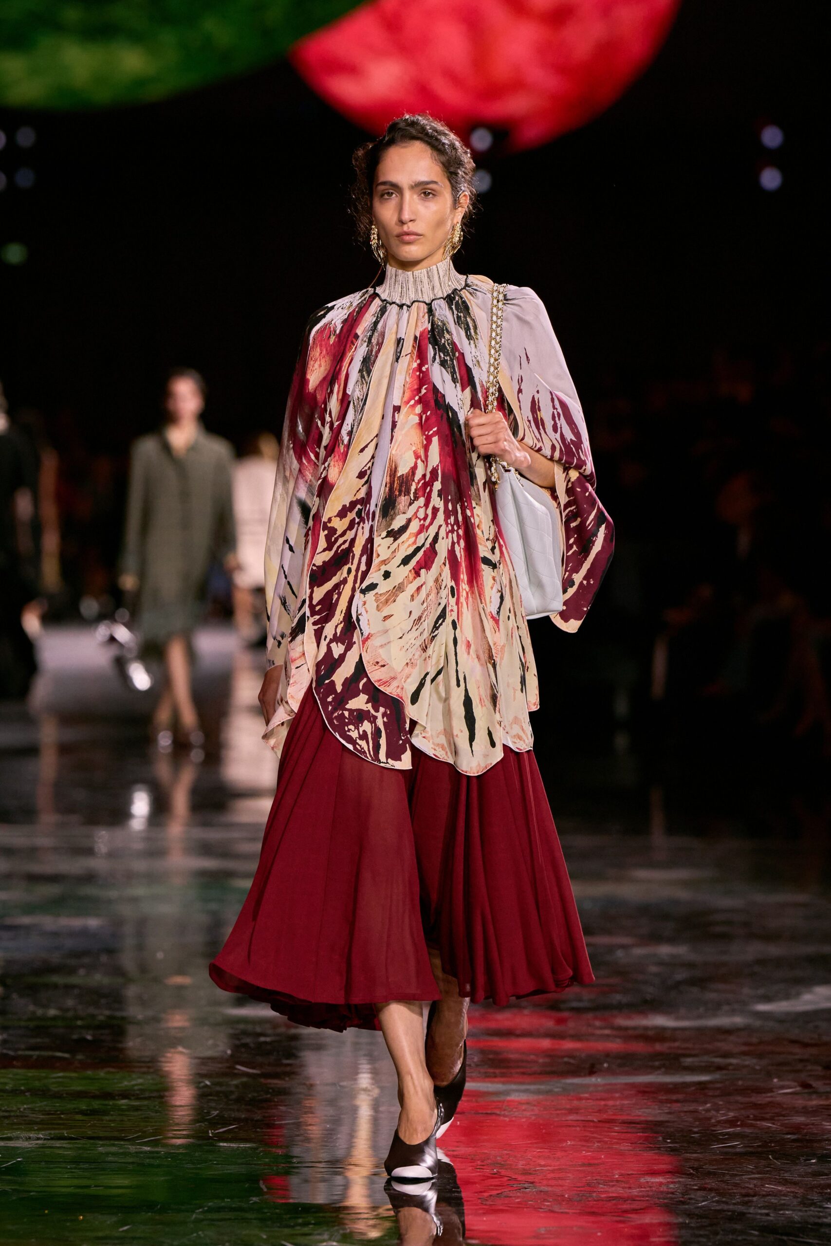 multi silk long-sleeve high-neck relaxed draped top