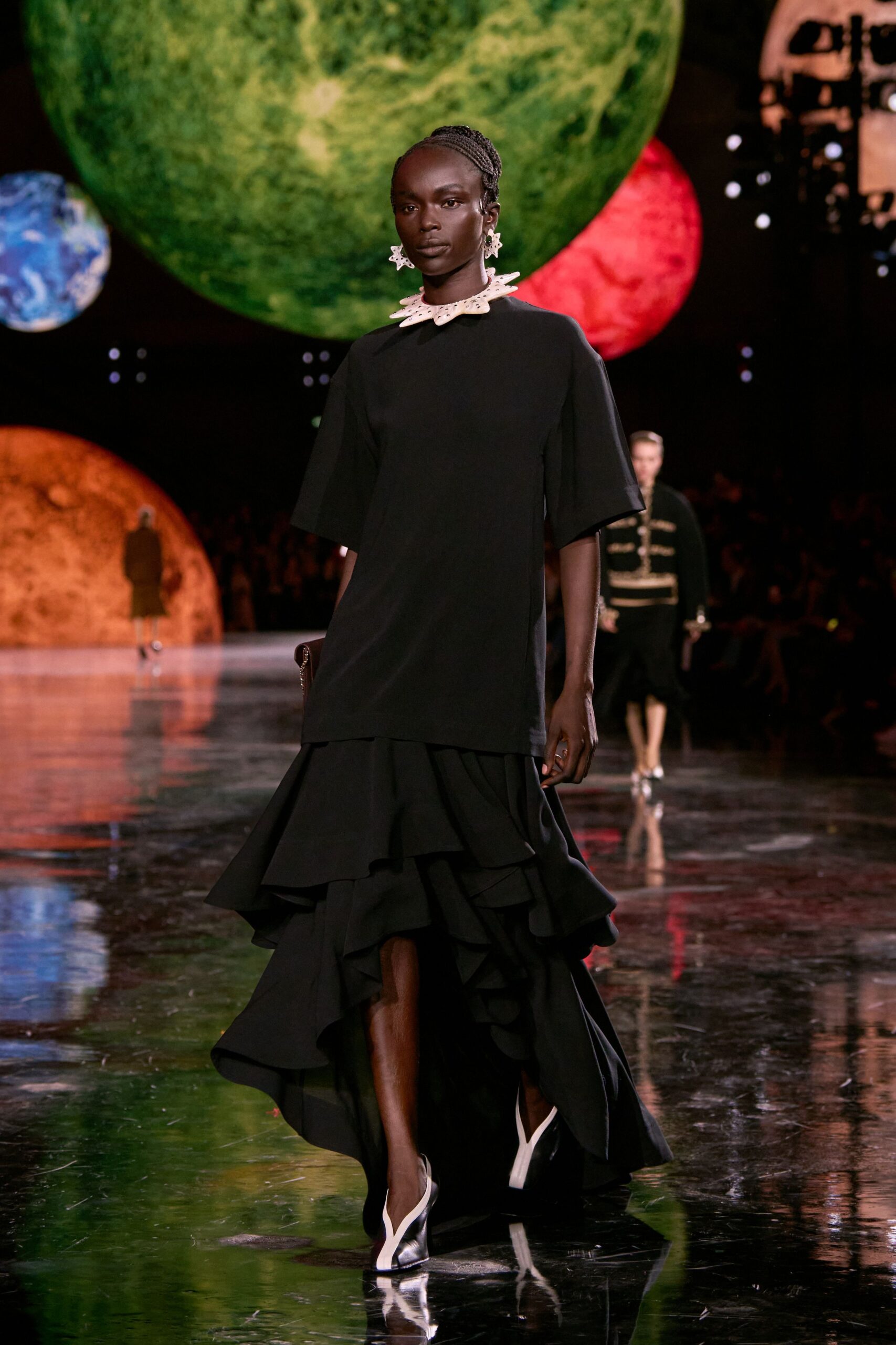 black tiered midi dress with white shoes