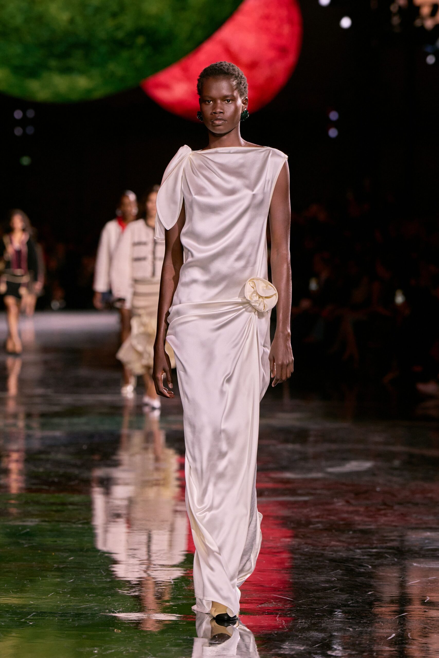 white silk sleeveless v-neck fitted draped embellished gown