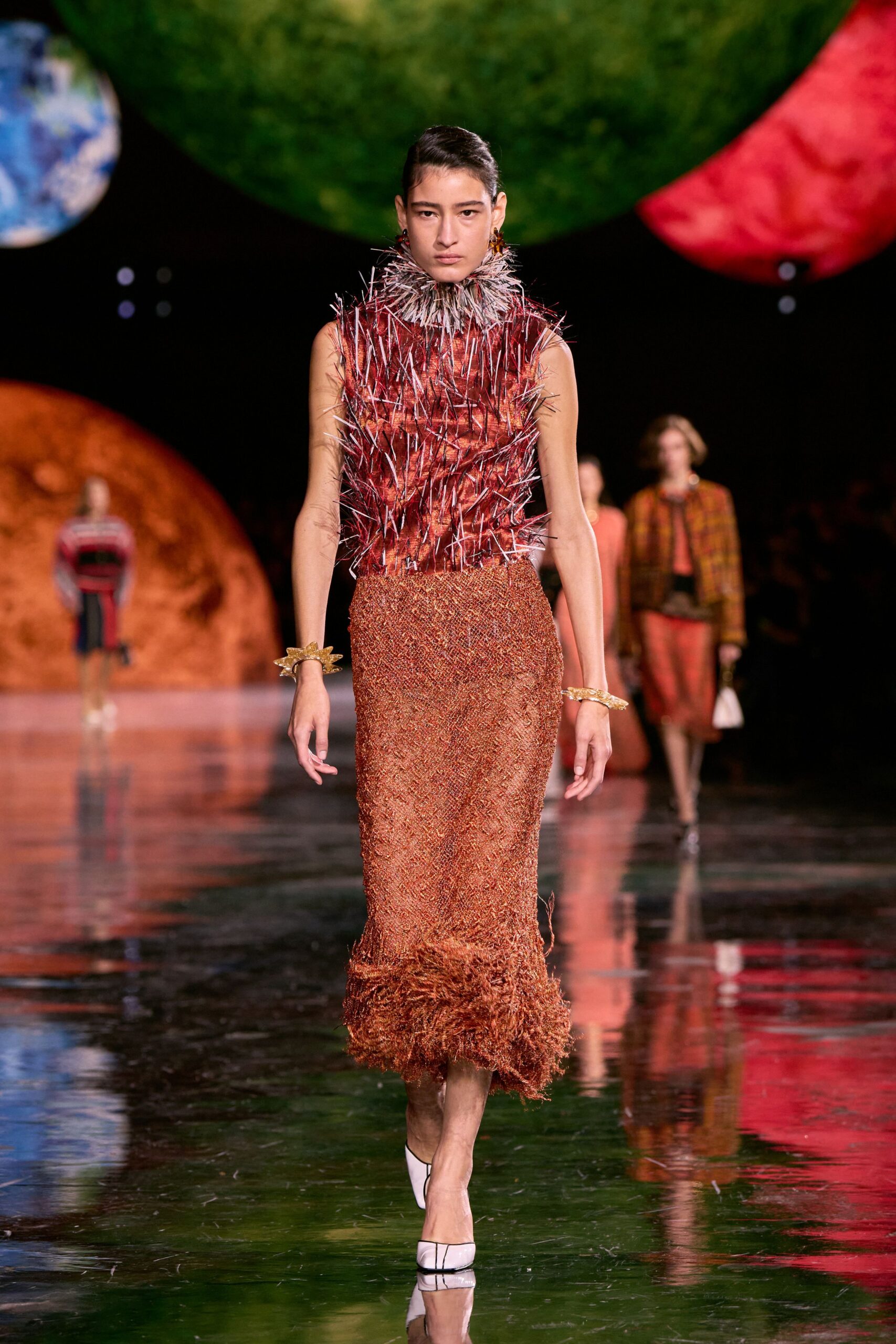 orange silk fitted tiered midi skirt