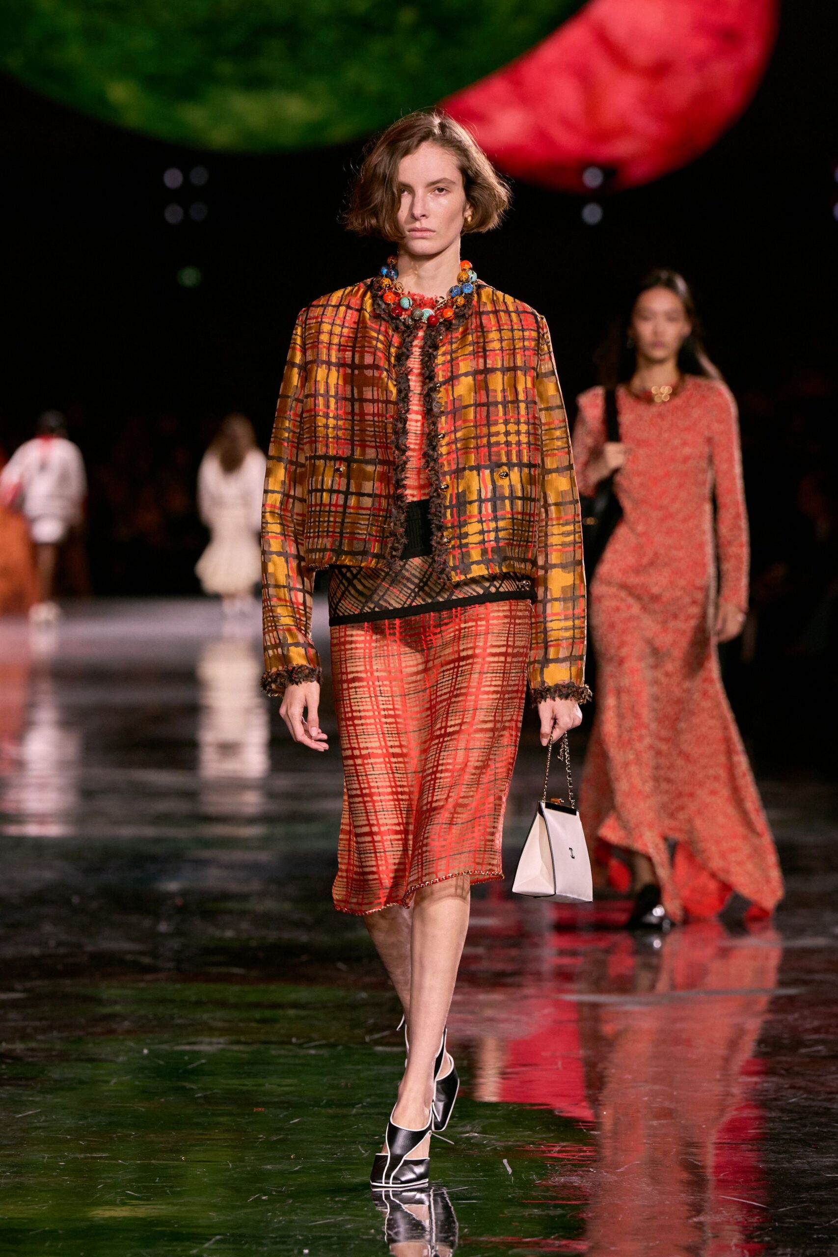 orange silk fitted checked midi skirt