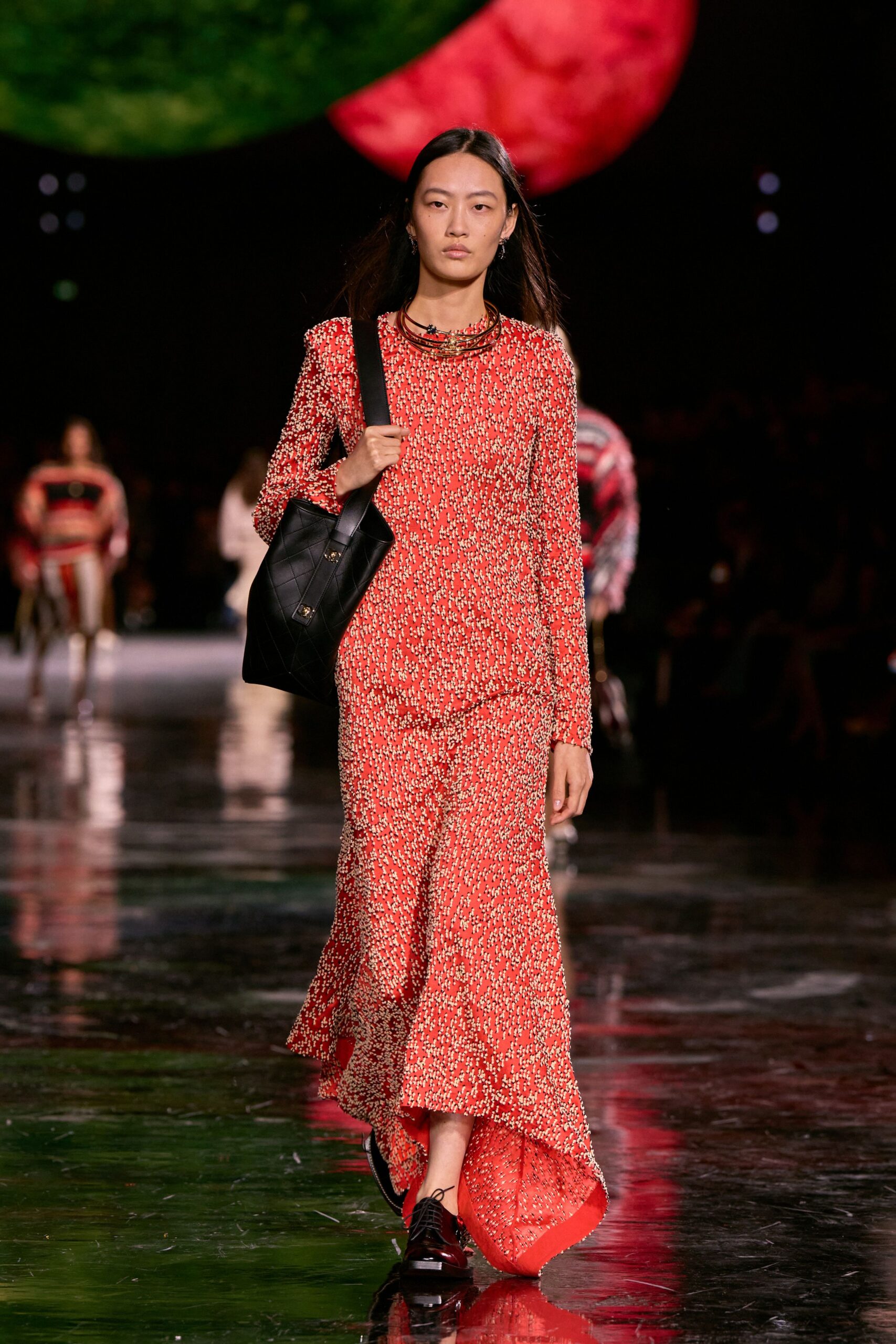 red silk long-sleeve v-neck fitted flared printed dress
