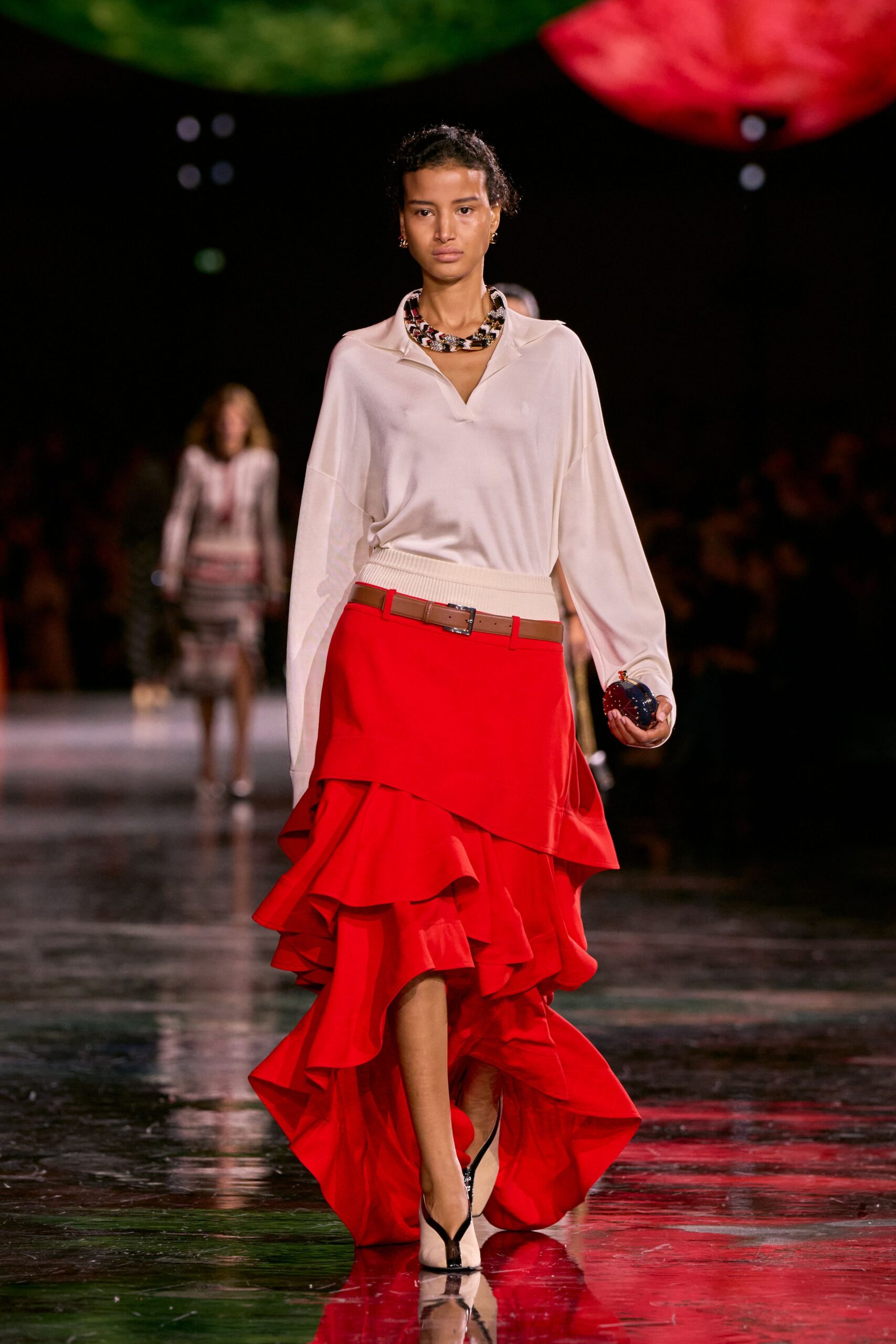 red silk fitted tiered ruffled midi skirt