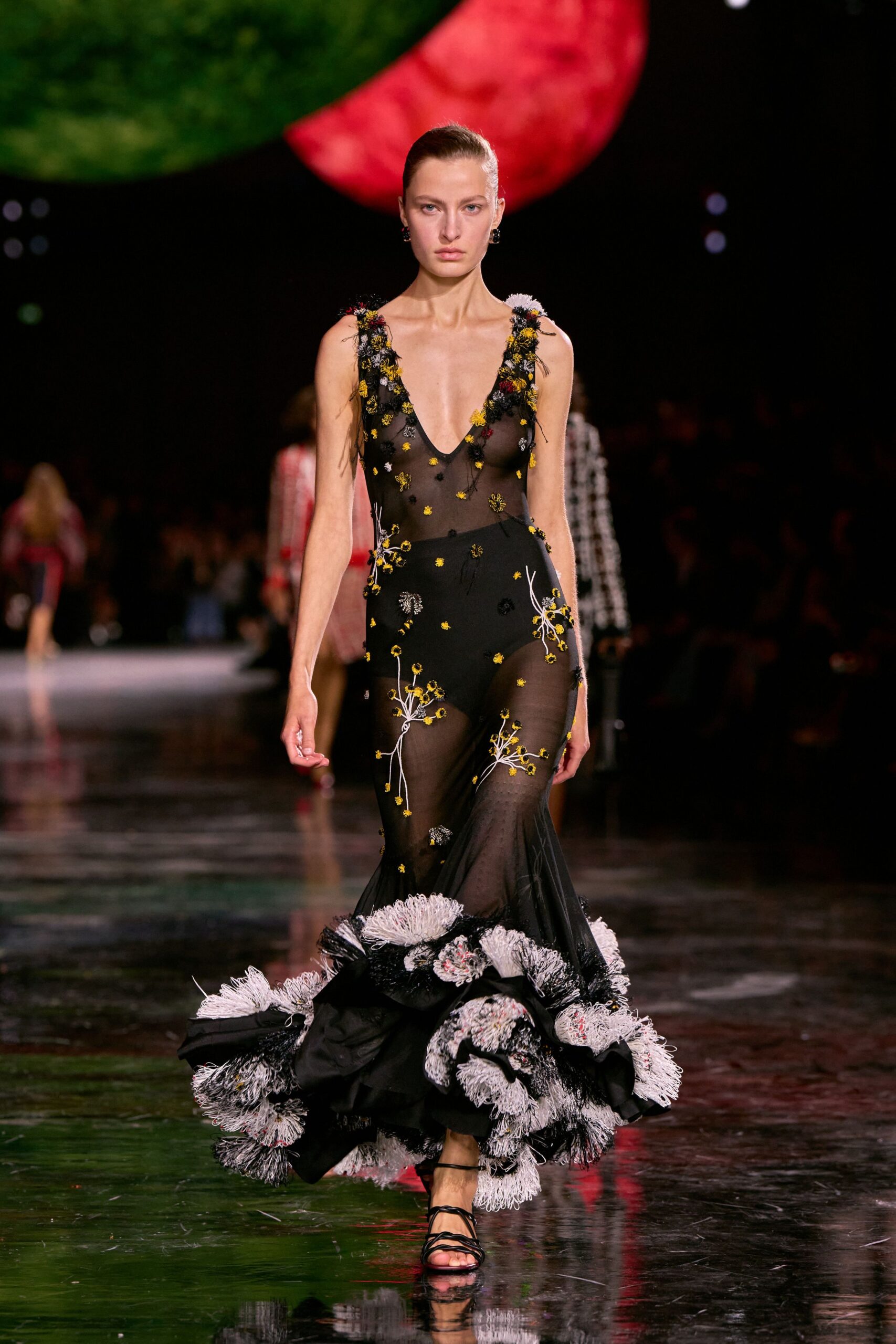 black silk sleeveless v-neck fitted embroidered ruffled gown