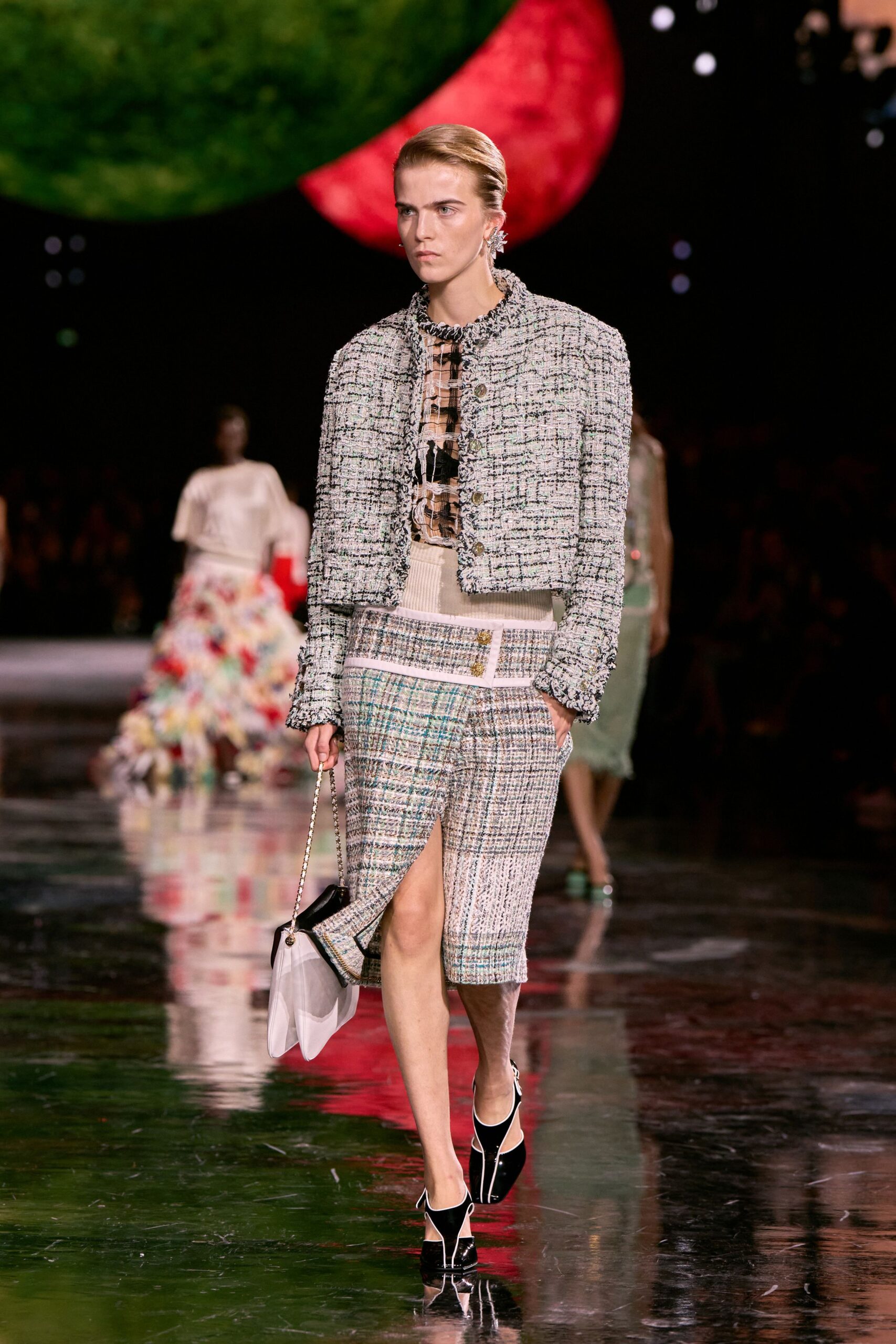 multi tweed long-sleeve collared tailored structured buttoned jacket