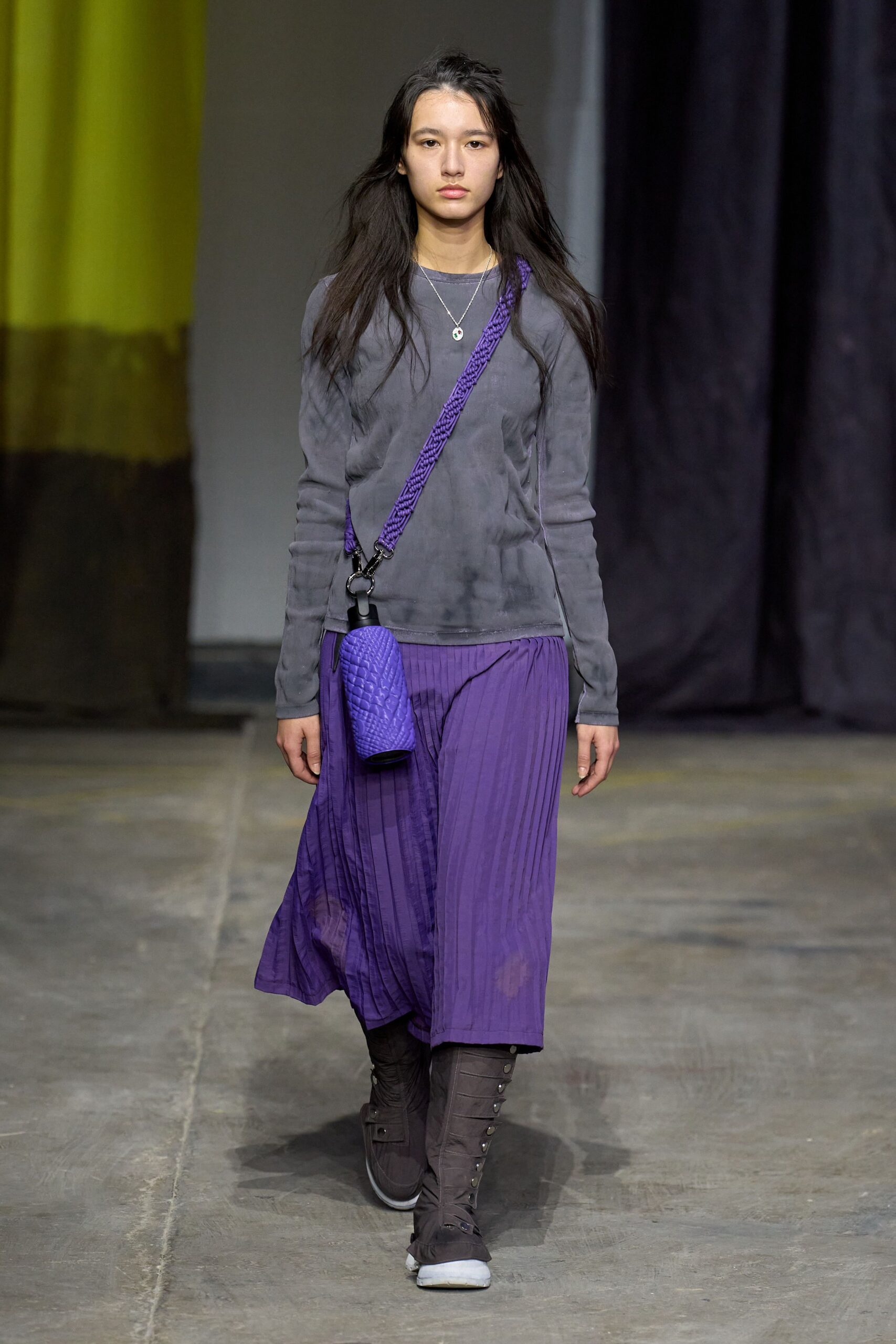 purple cotton relaxed pleated midi skirt