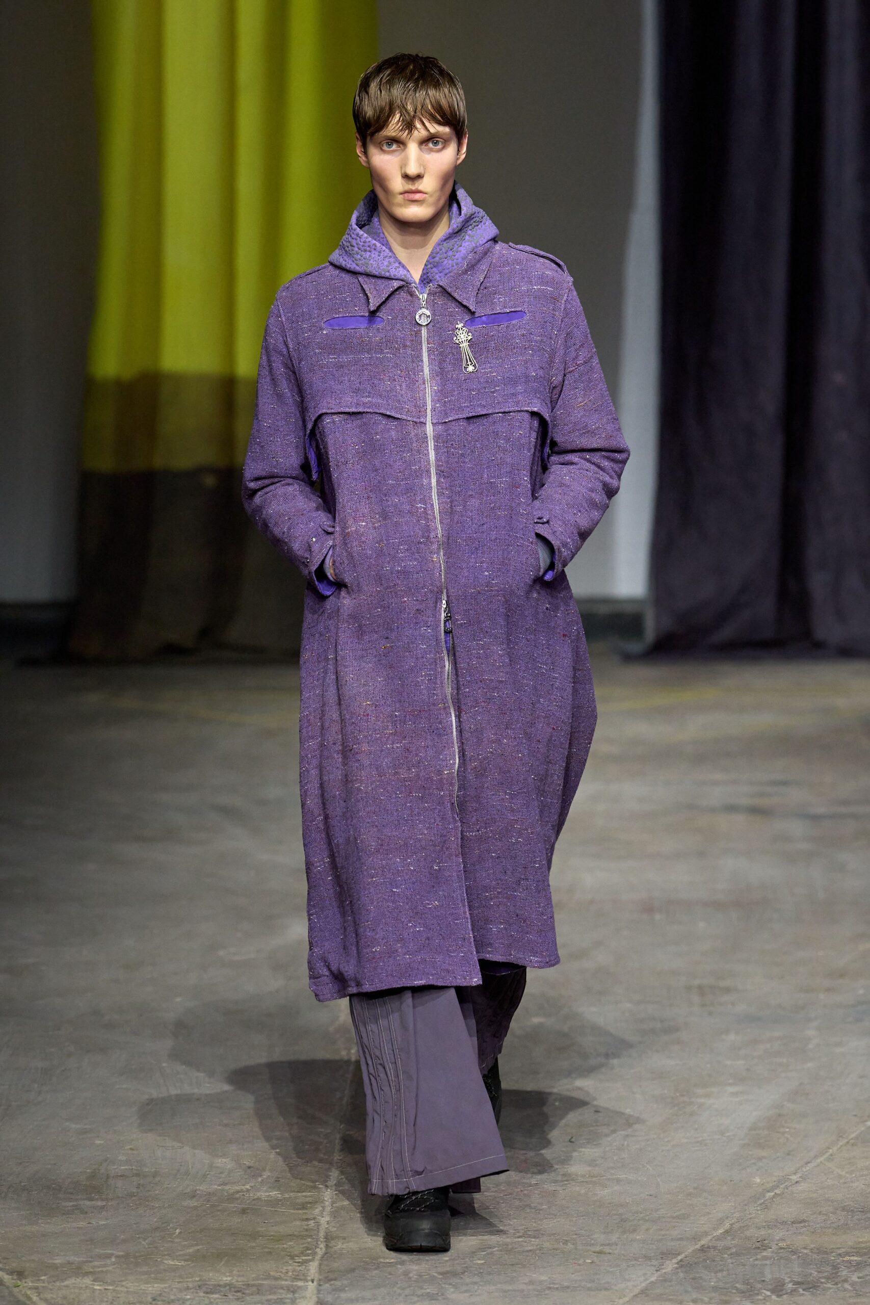 purple cotton long-sleeve collared relaxed zippered maxi coat