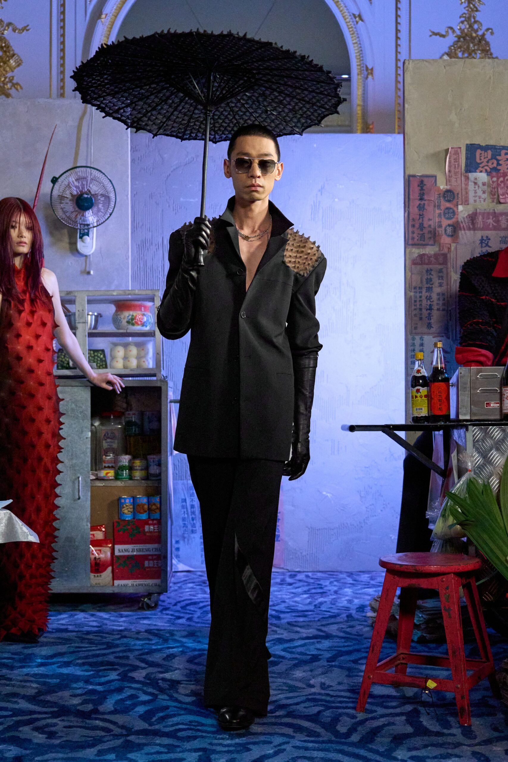 black tailored suit with accessories