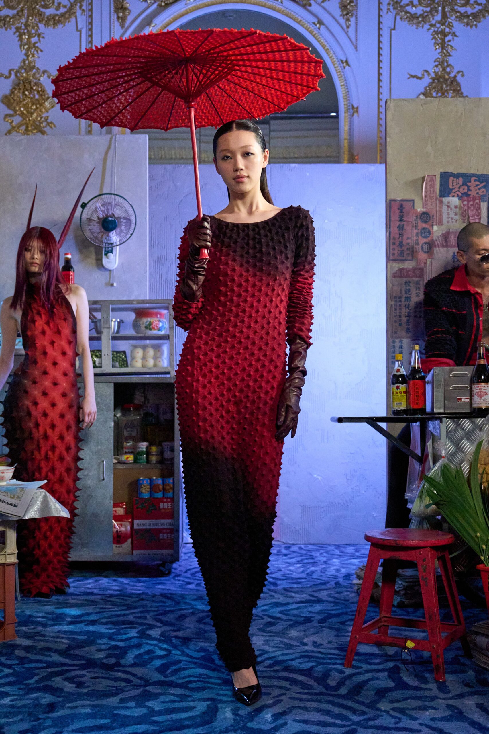 red and black pleated gown