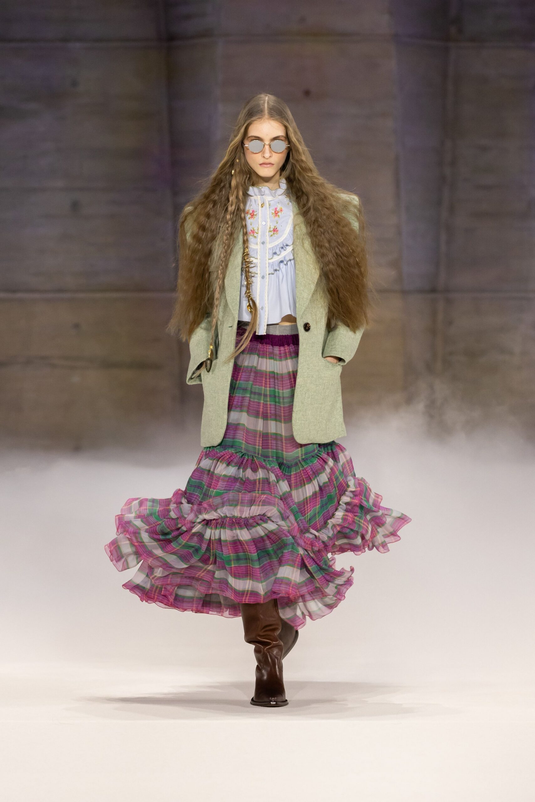 purple cotton relaxed tiered flared midi skirt