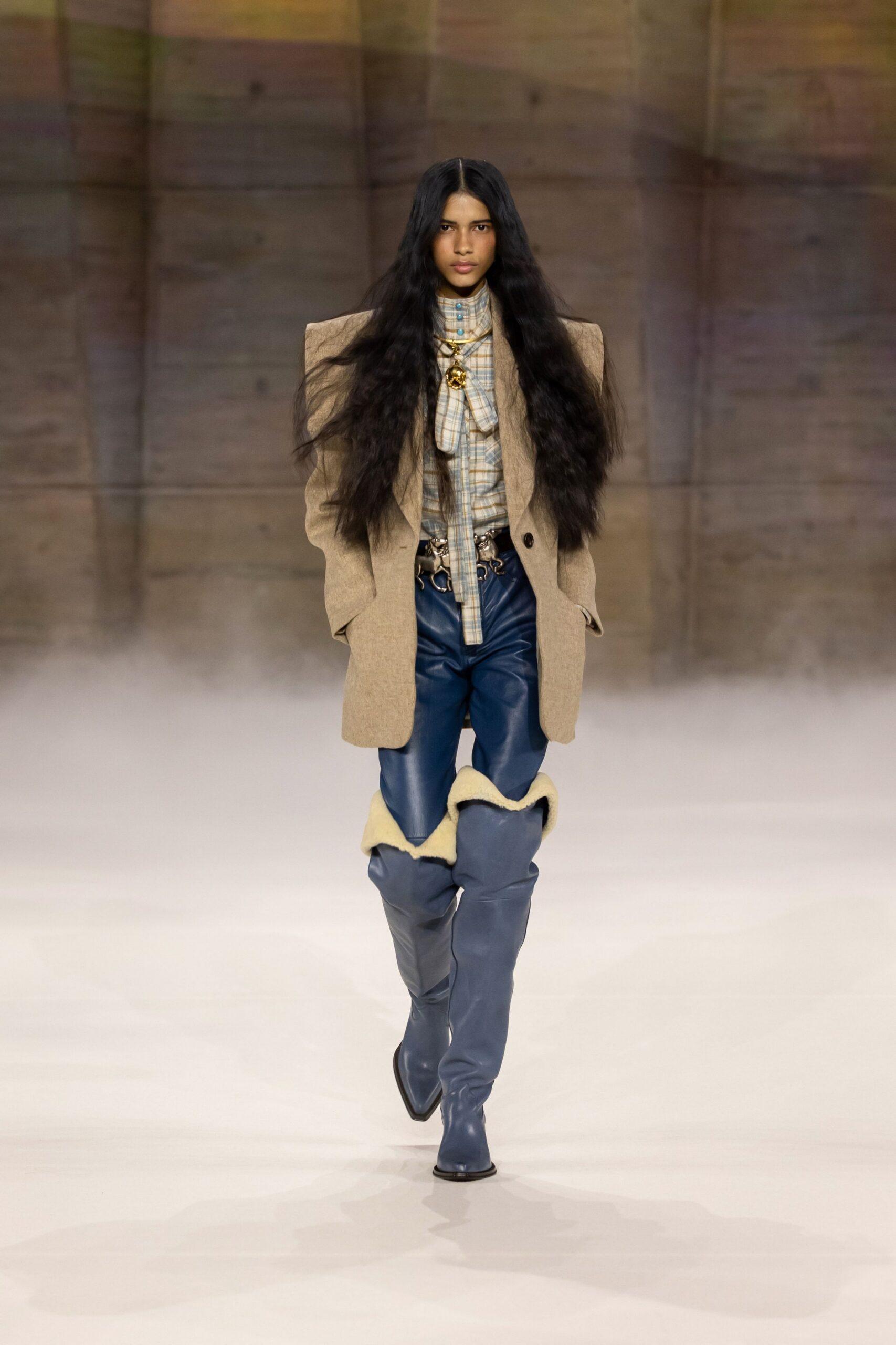 beige wool long-sleeve collared structured blazer
