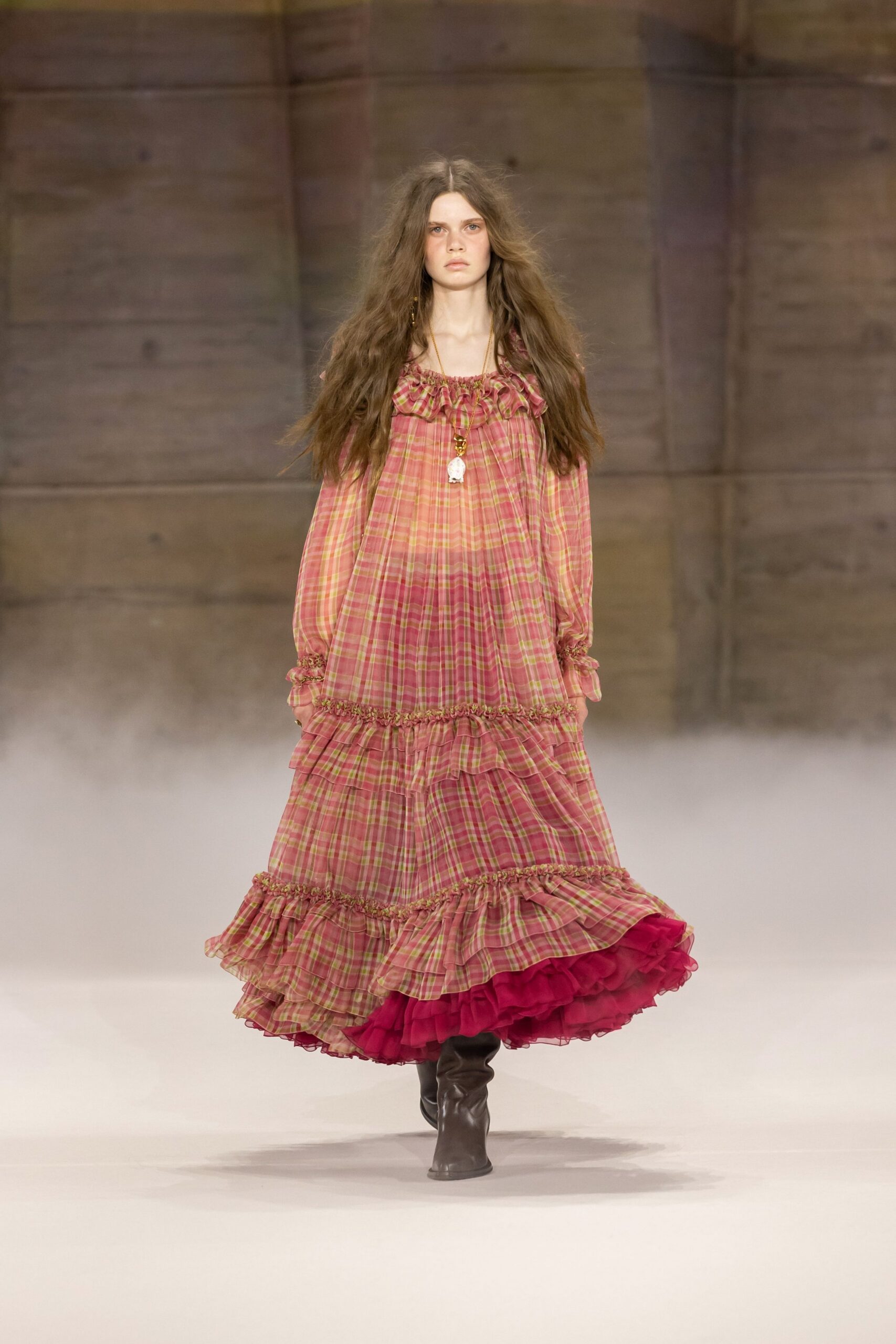pink cotton long-sleeve v-neck relaxed pleated tiered dress